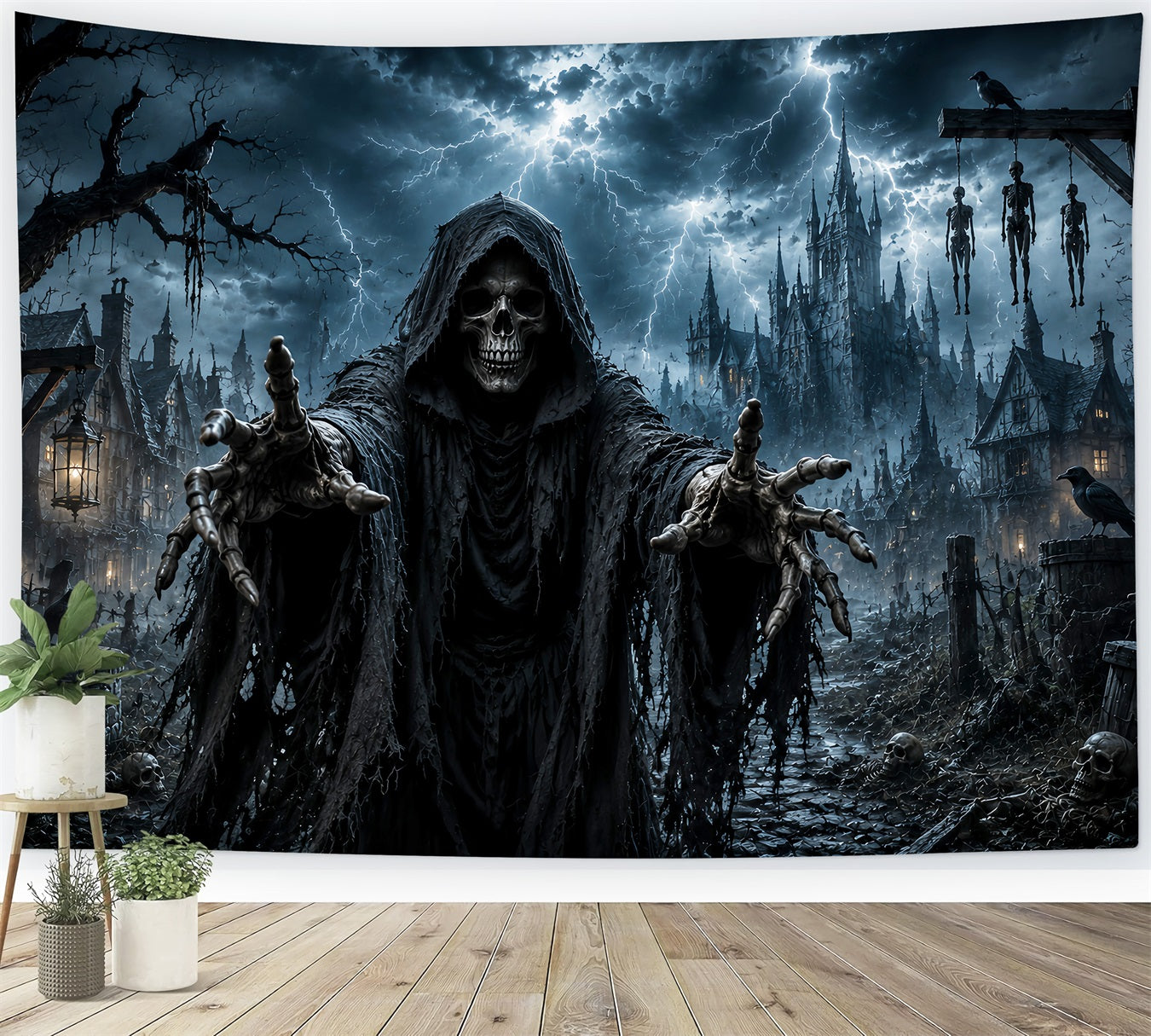Halloween Ghost Backdrop Grim Reaper Skeleton Village Scary Halloween Backdrop LXX67-19