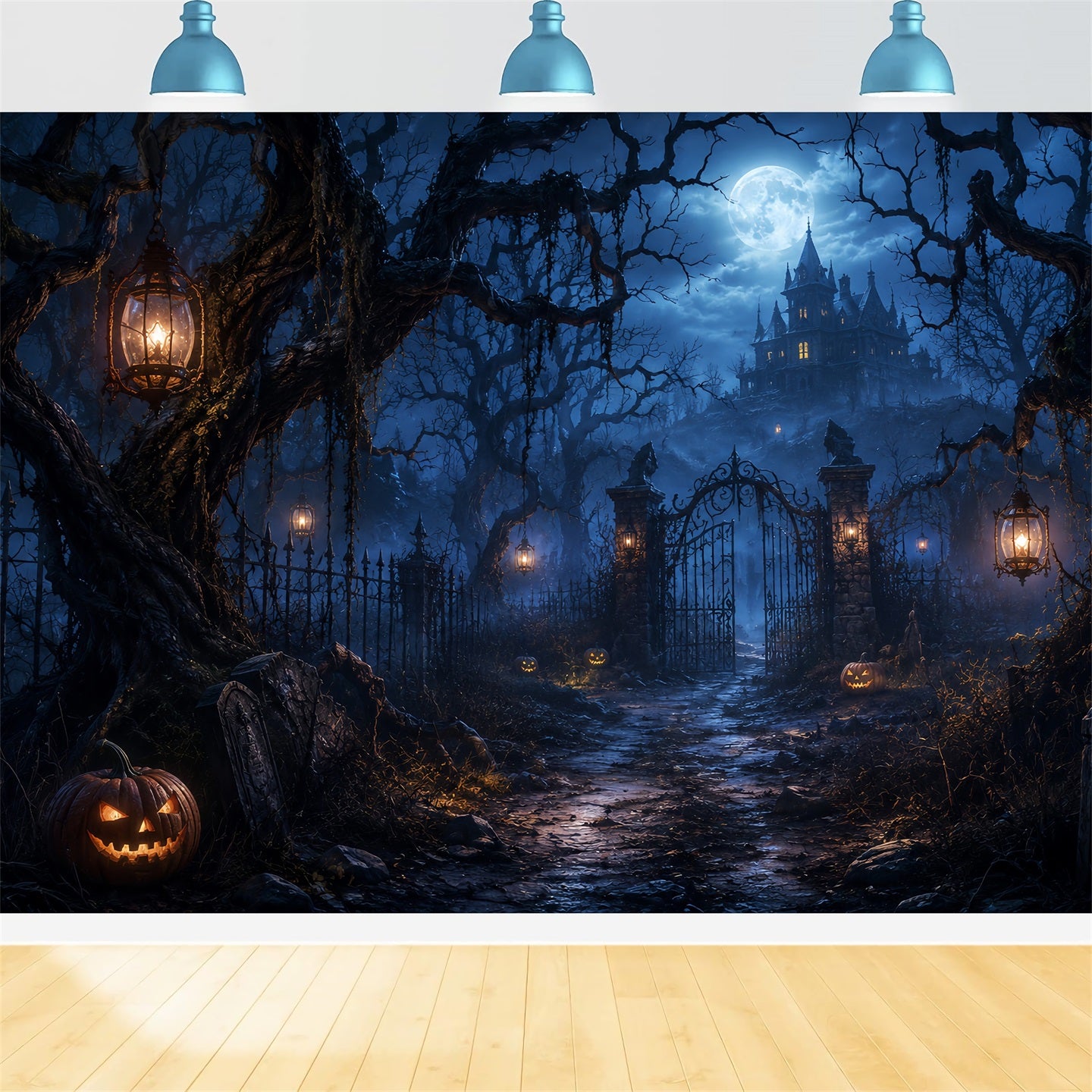 Halloween Forest Backdrop Moonlit Haunted Mansion Gateway Vintage Halloween Backdrop LXX67-191