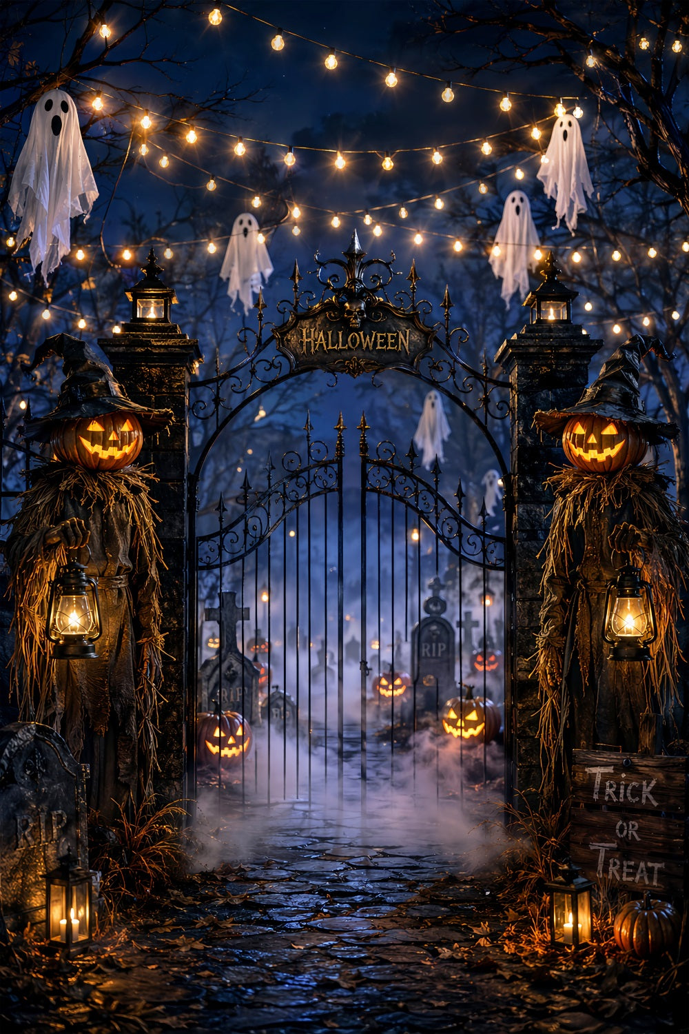 Halloween Party Backdrop Ideas Ghostly Lantern Cemetery Entrance Halloween Scary Backdrops LXX67-197