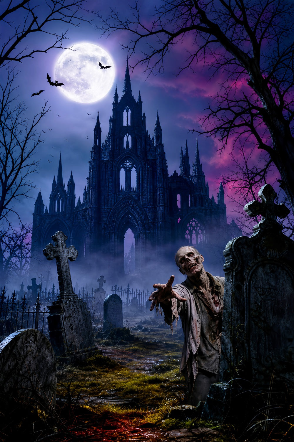Halloween Party Picture Backdrop Moonlit Castle Zombie Graveyard Halloween LXX67-1