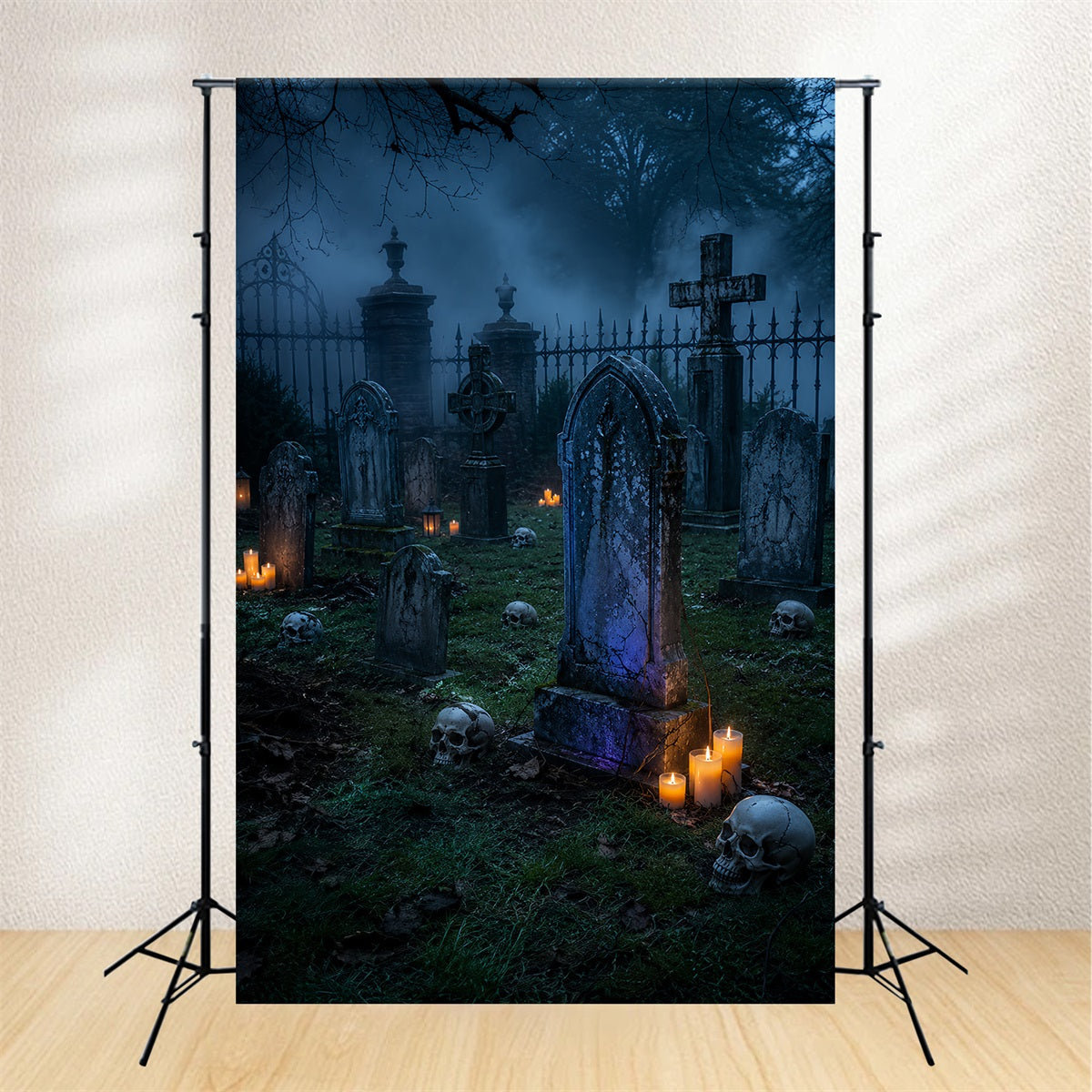 Halloween Cloth Backdrop Foggy Candlelit Skull Cemetery Graveyard Halloween Backdrops LXX67-202