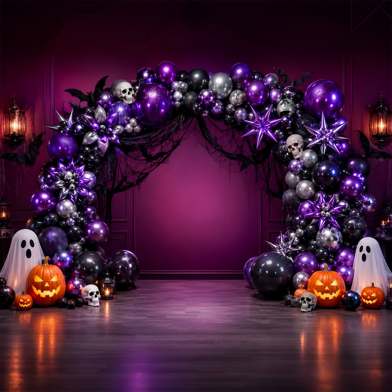 Halloween Backdrop Ideas DIY Purple Skull Ghost Balloon Arch Purple Halloween Backdrop LXX67-203