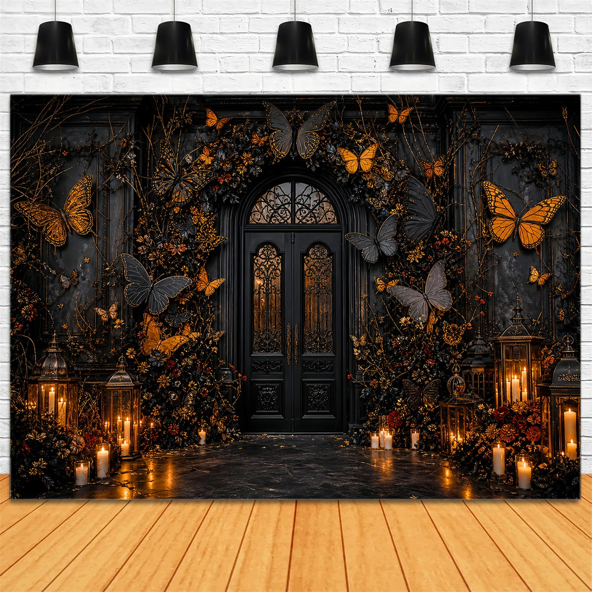Halloween Party Photo Backdrop Ideas Black Gold Butterfly Entrance Creepy Halloween Backdrop LXX67-204