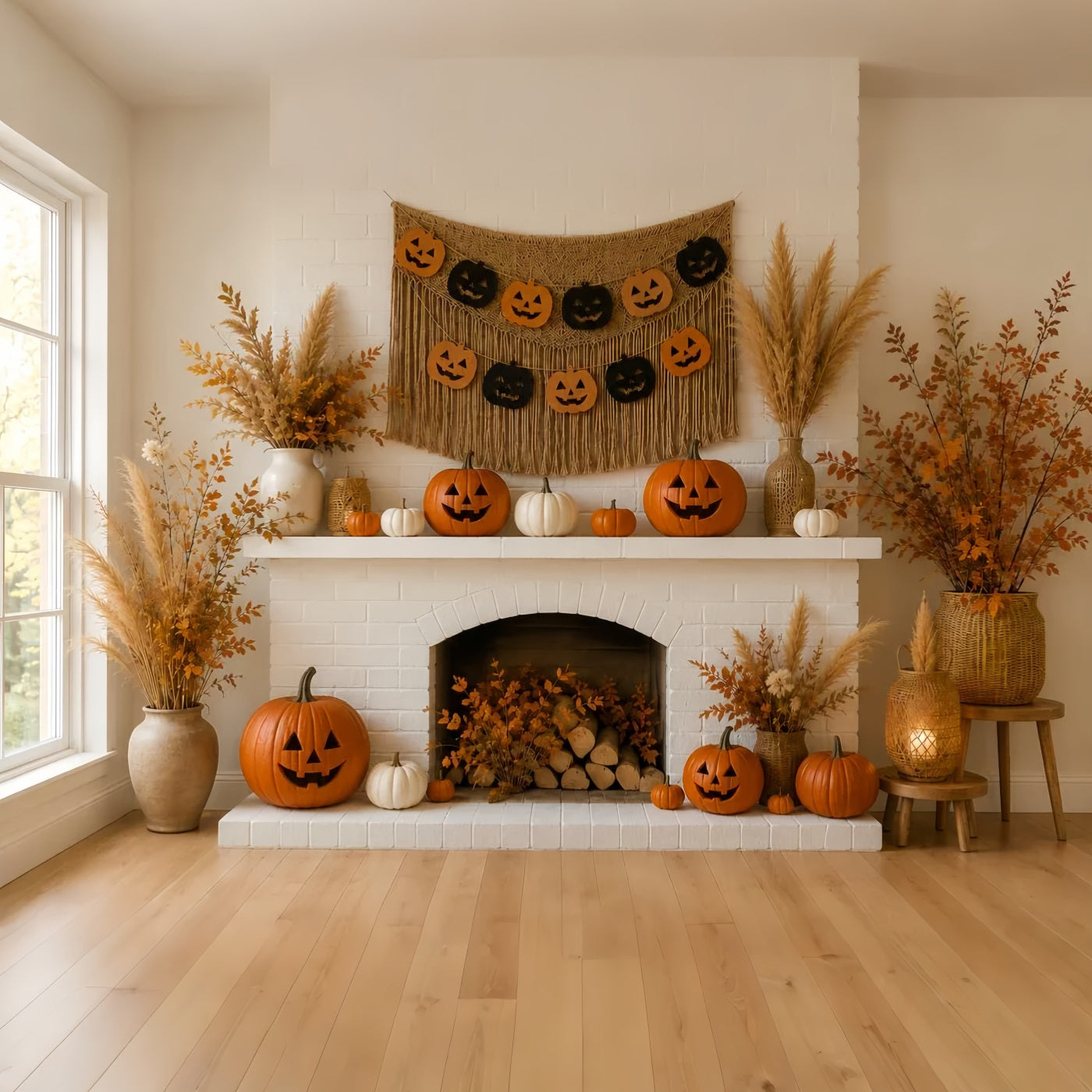 Pumpkin Backdrop Autumn Cozy Fireplace Mantel Halloween Backdrop Ideas LXX67-216