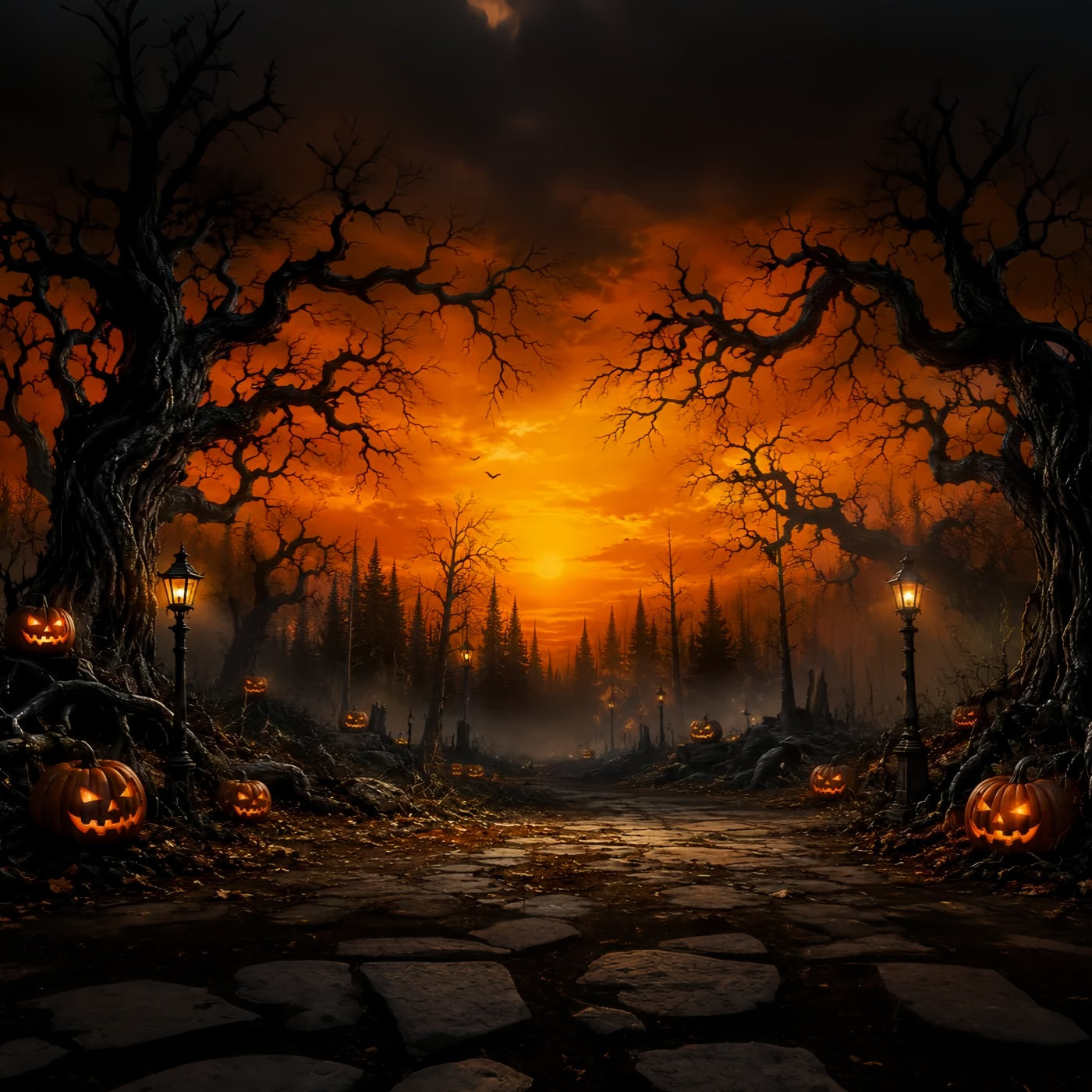 Spooky Forest Backdrop Sunset Pumpkin Woods Path Spooky Backdrop LXX67-217