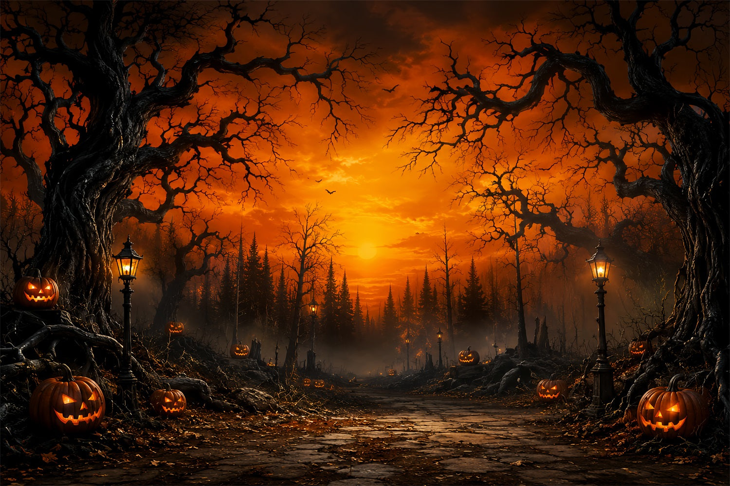 Spooky Forest Backdrop Sunset Pumpkin Woods Path Spooky Backdrop LXX67-217