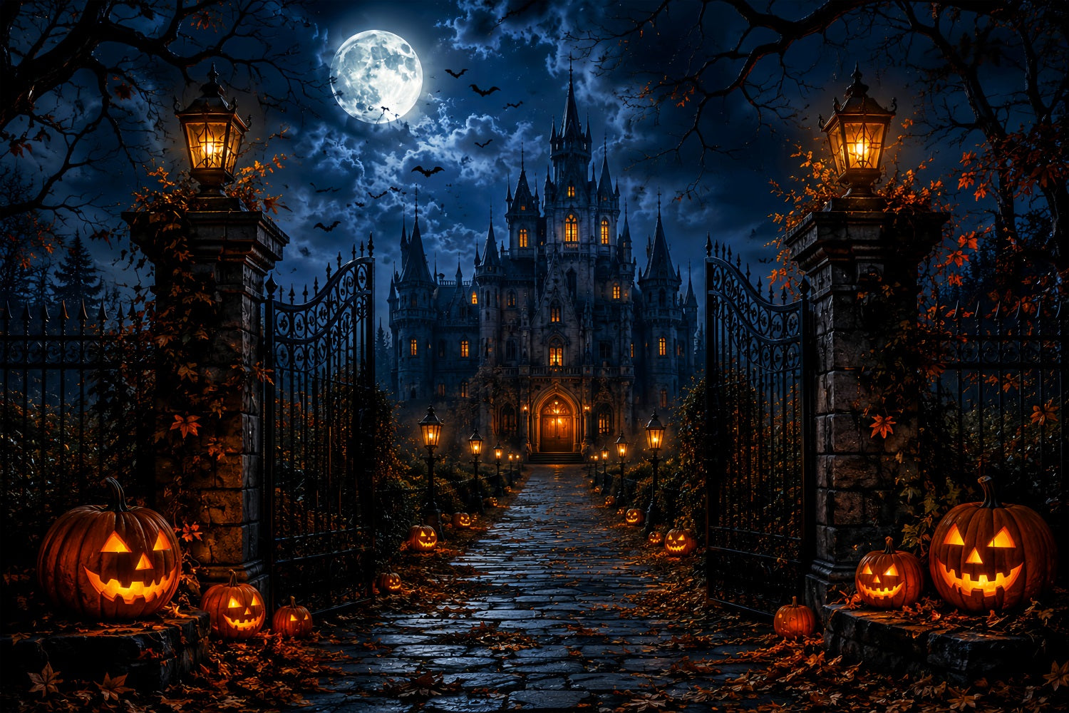 Haunted Forest Backdrop Moonlit Gothic Castle Gate Halloween Wall Backdrop LXX67-218