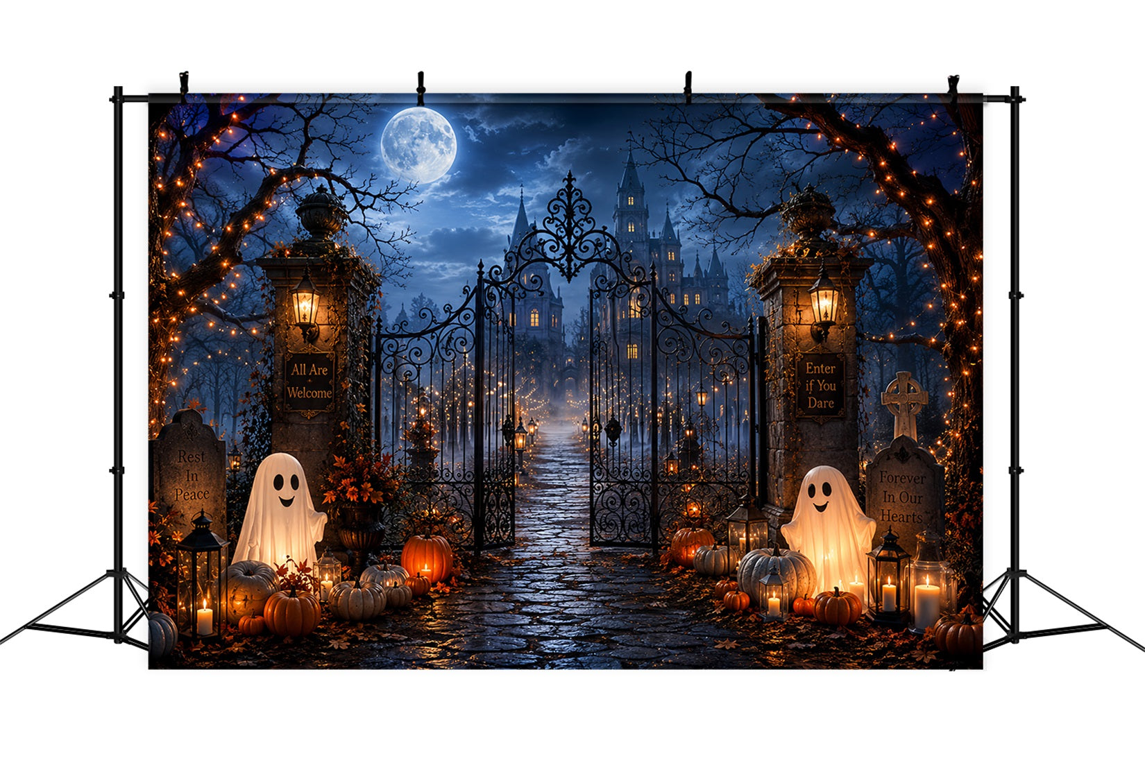 Halloween Graveyard Backdrop Ghostly Castle Entrance Halloween Backdrops Scene Setters LXX67-219