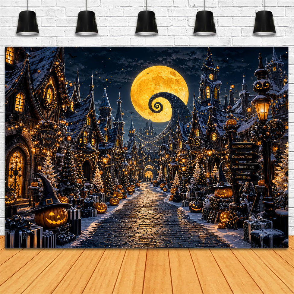 Halloween Village Backdrop Spiral Moon Pumpkin Halloween Photo Booth Backdrop LXX67-220