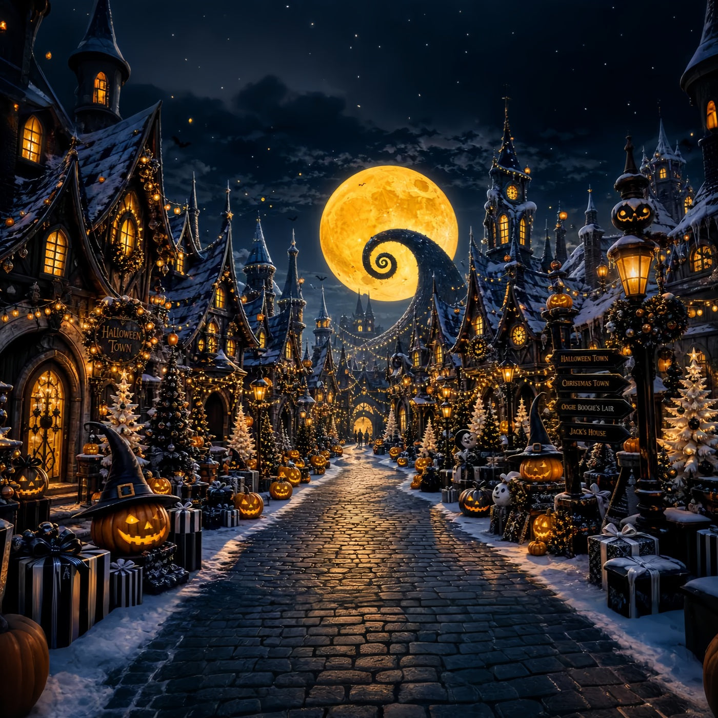 Halloween Village Backdrop Spiral Moon Pumpkin Halloween Photo Booth Backdrop LXX67-220