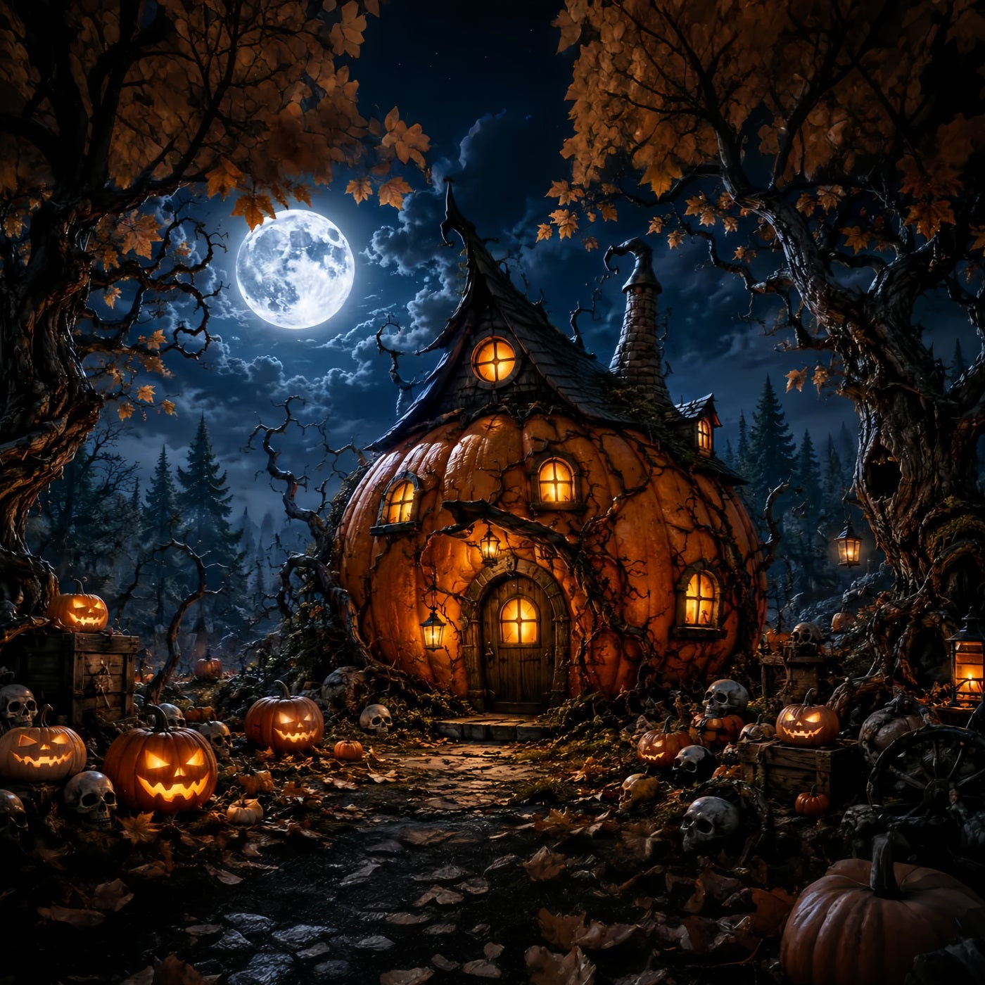Magical Forest Backdrop Moonlit Pumpkin Witch Cottage Halloween Photo Backdrops LXX67-222