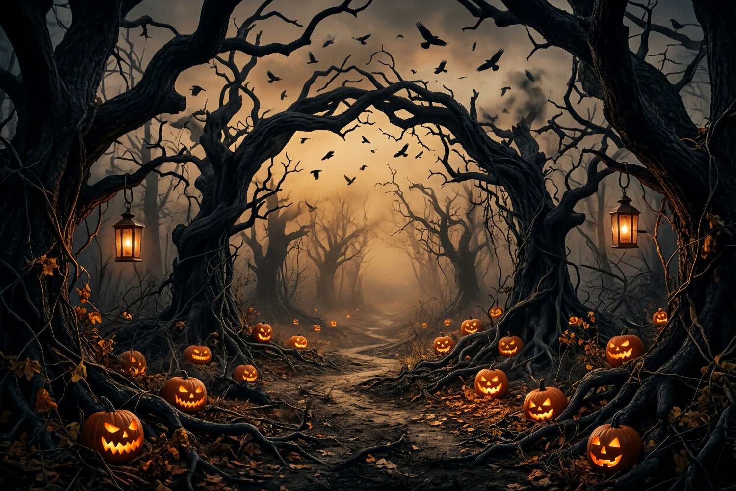 Creepy Forest Backdrop Pumpkin Twisted Trees Spooky Halloween Backdrop LXX67-224