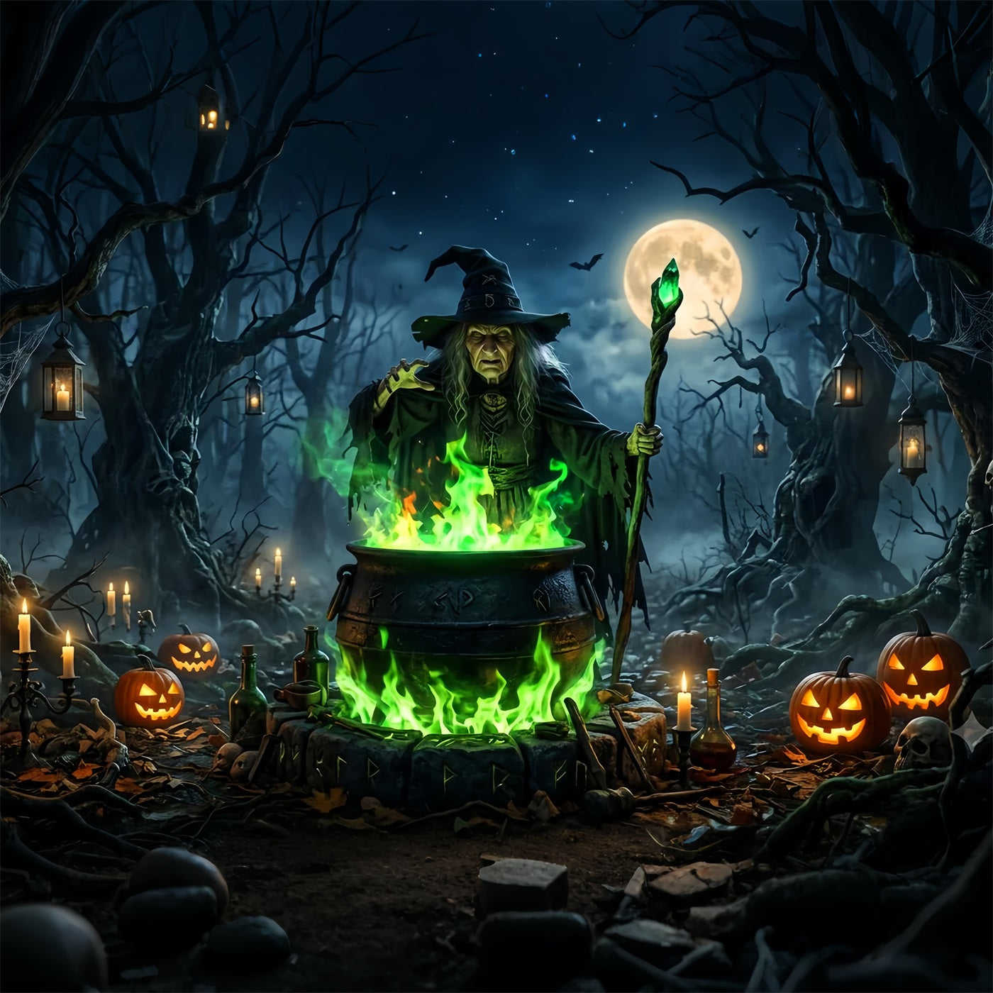 Witchy Backdrop Moonlit Witch Cauldron Ritual Horror Backdrop LXX67-225