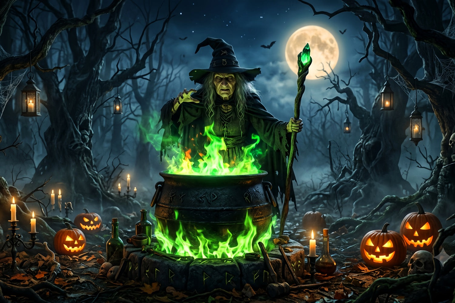 Witchy Backdrop Moonlit Witch Cauldron Ritual Horror Backdrop LXX67-225