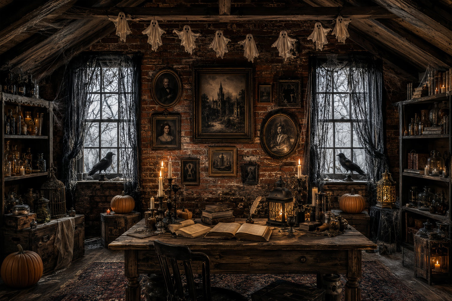 Haunted House Backdrops Candlelit Raven Portrait Attic Halloween Backdrops For Photos LXX67-228