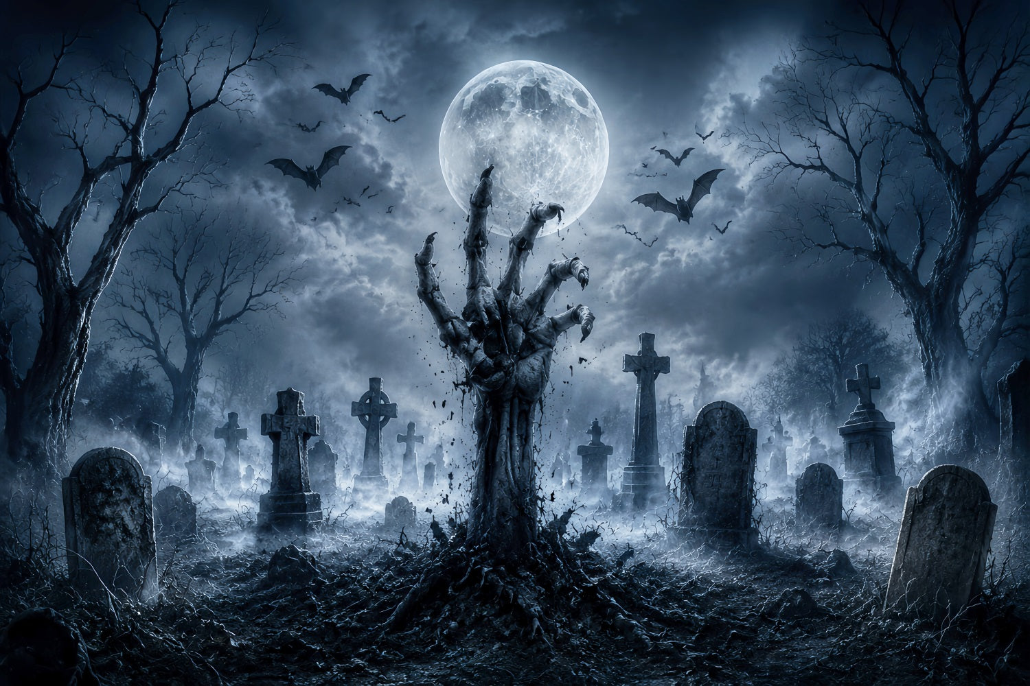 Halloween Graveyard Backdrops Zombie Hand Moonlit Graveyard Photo Booth Halloween Backdrop LXX67-23