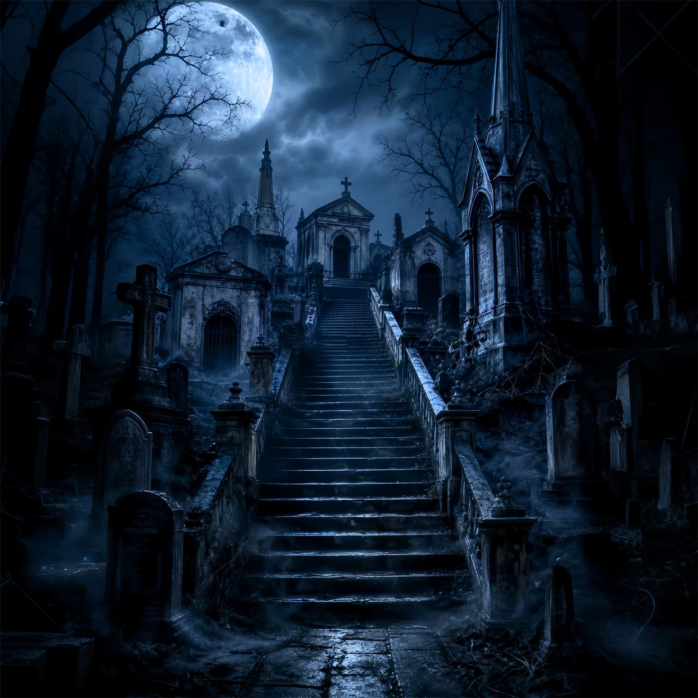 Halloween Cemetery Backdrop Moonlit Gothic Mausoleum Stairway Gothic Photography Backdrops LXX67-230