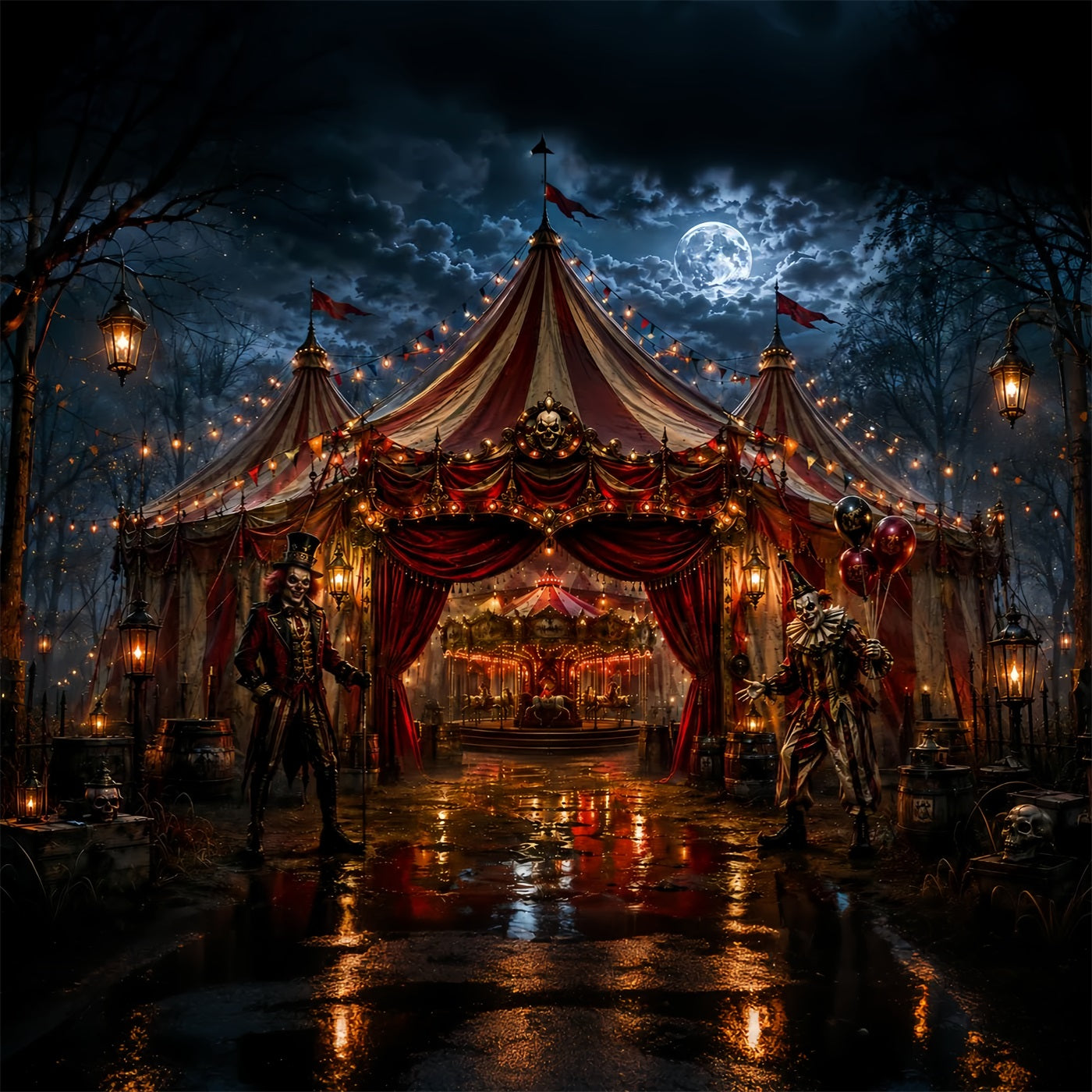 Creepy Carnival Backdrop Sinister Clown Circus Entrance Backdrop Halloween LXX67-231
