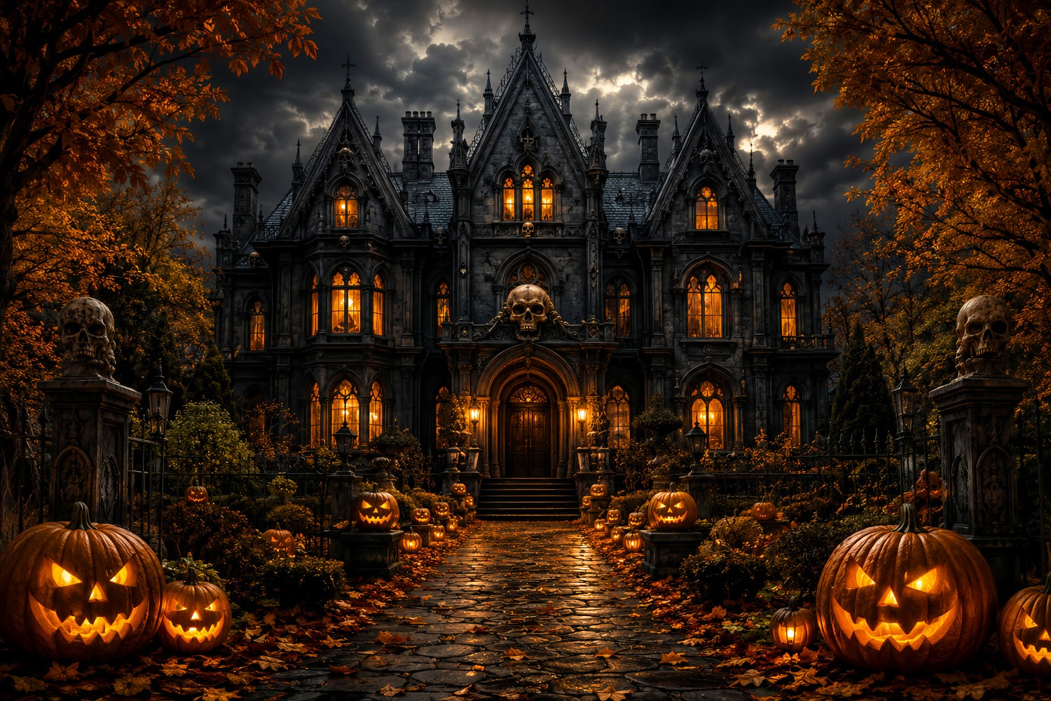 Haunted Mansion Photo Backdrop Stormy Skull Manor Entrance Scary Backdrops LXX67-238