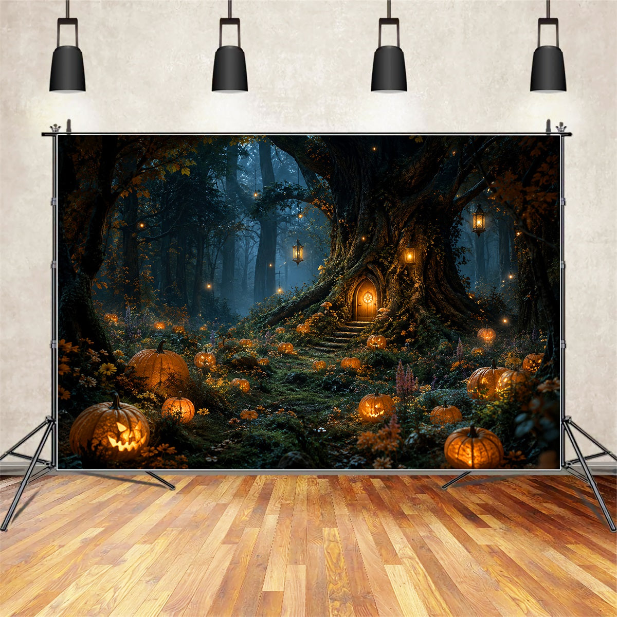 Scary Forest Backdrop Lanternlit Pumpkin Tree Cottage Halloween Photography Backdrop LXX67-239