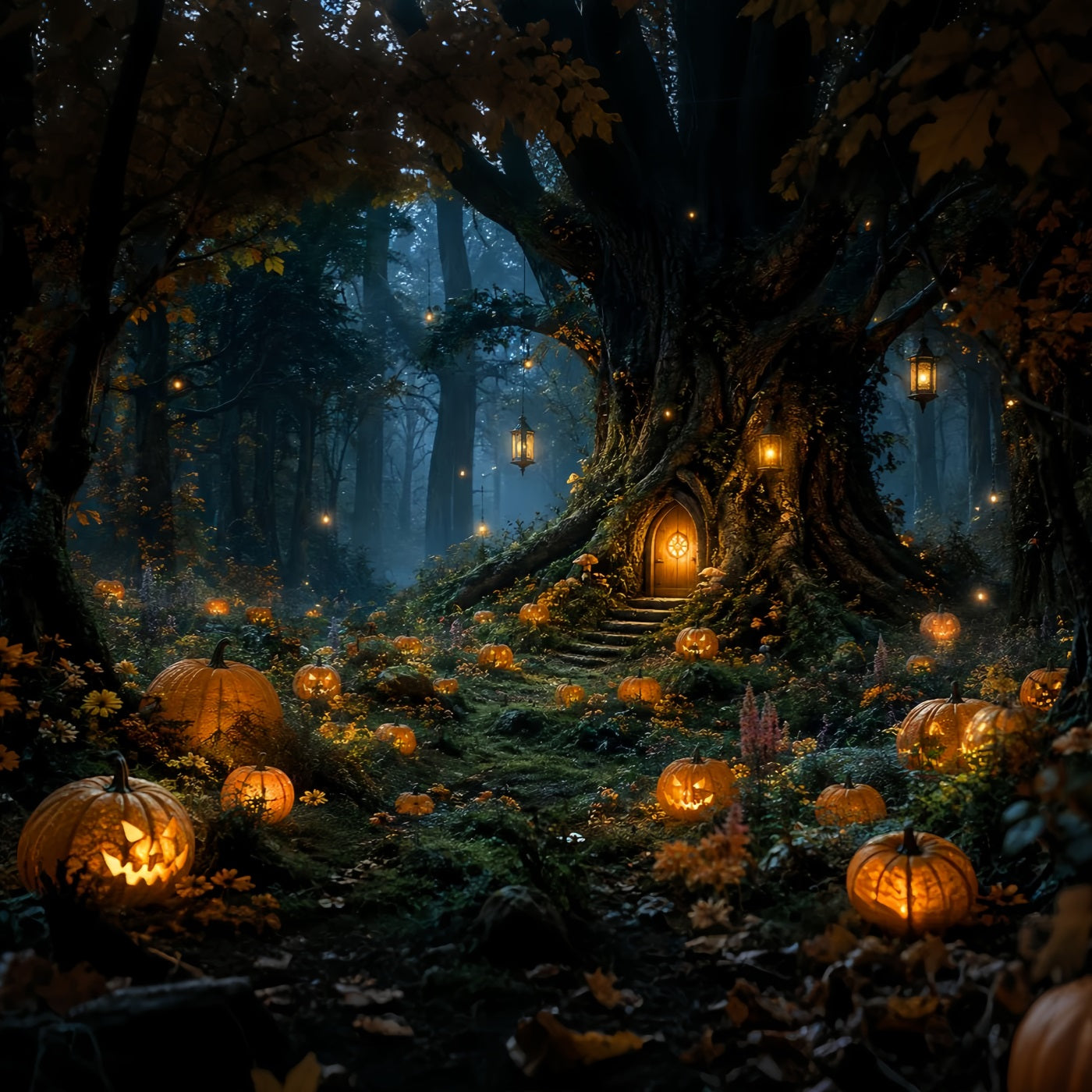 Scary Forest Backdrop Lanternlit Pumpkin Tree Cottage Halloween Photography Backdrop LXX67-239
