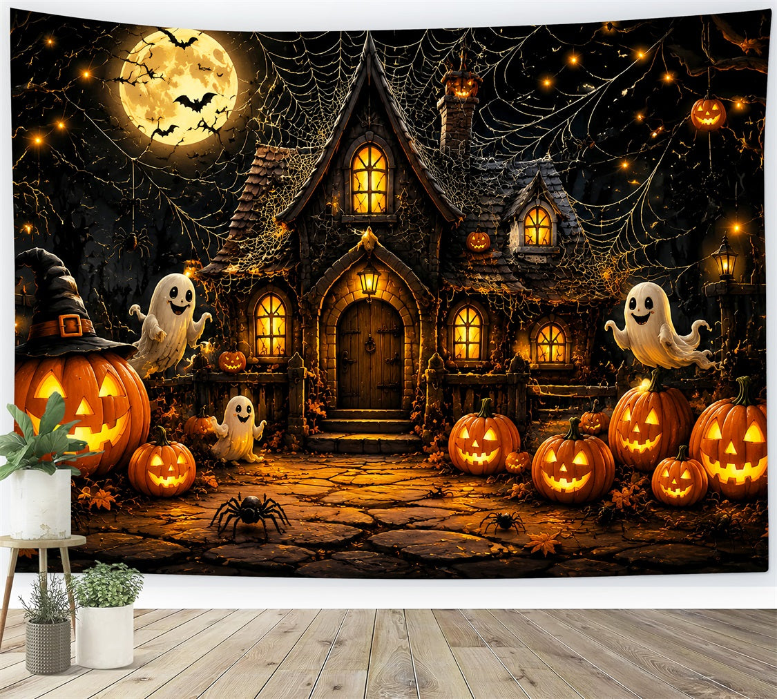Halloween Backdrop For Photo Booth Ghost Pumpkin Cottage Spiderwebs Cute Halloween Backdrop LXX67-24