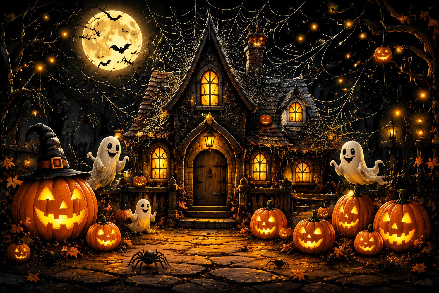 Halloween Backdrop For Photo Booth Ghost Pumpkin Cottage Spiderwebs Cute Halloween Backdrop LXX67-24
