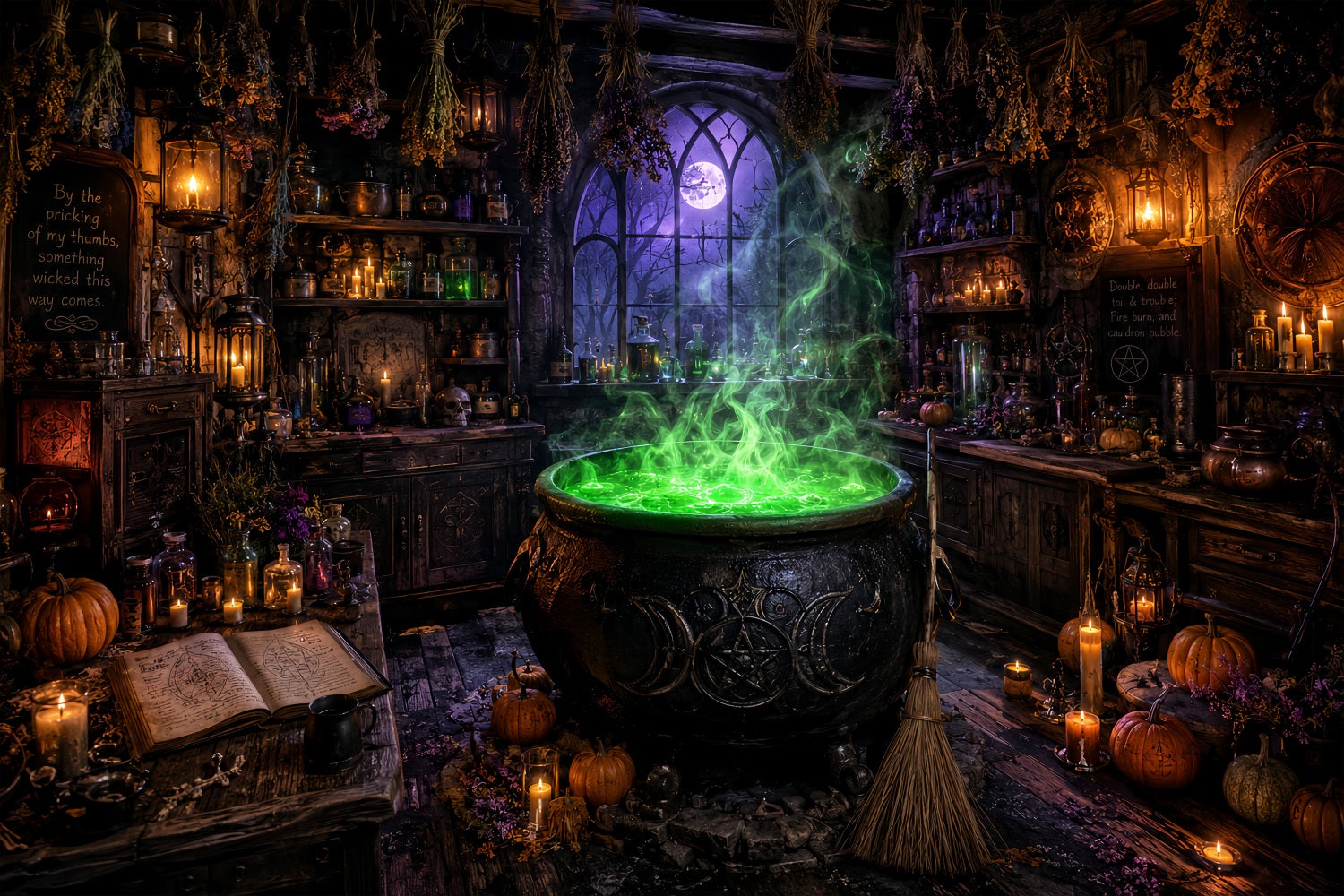 Halloween Witch Backdrop Green Cauldron Workshop Halloween Party Photo Backdrop LXX67-241