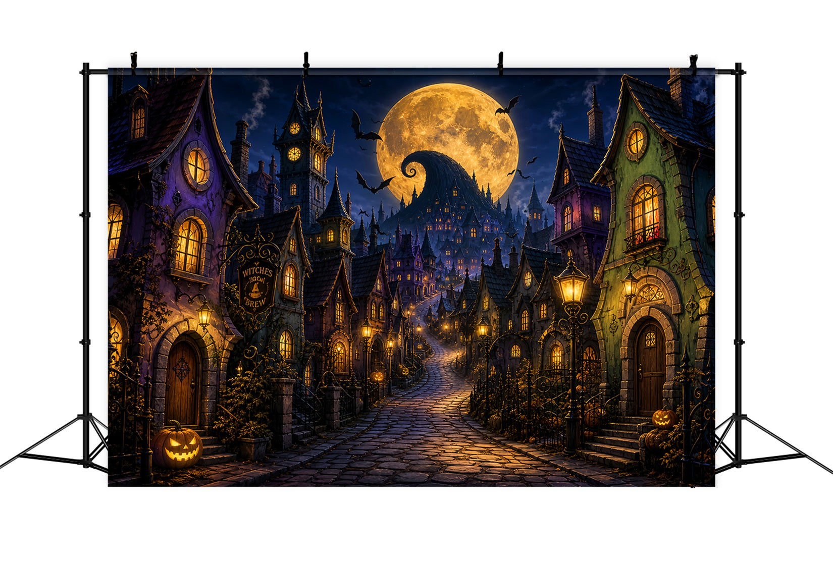 Halloween Town Backdrop Golden Moon Witch Village Photo Backdrop Halloween LXX67-243