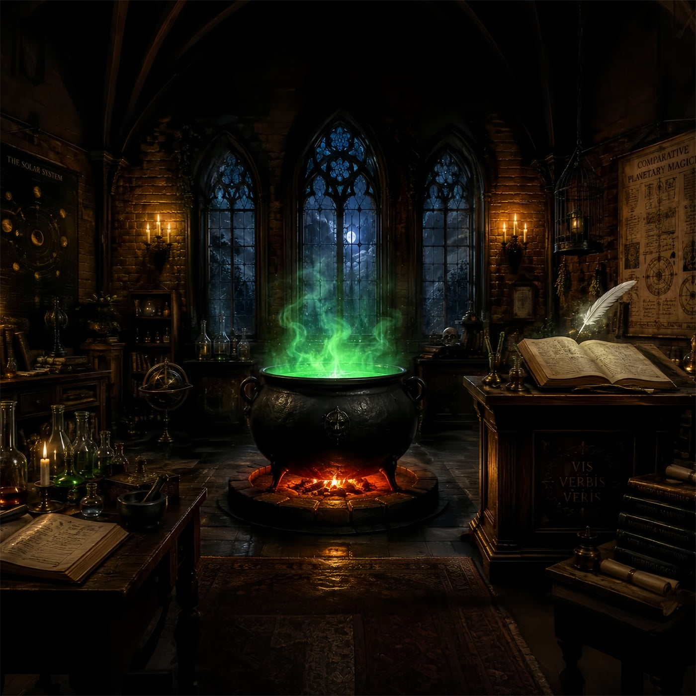 Spooky Castle Backdrop Emerald Cauldron Magic Classroom Magical Backdrop LXX67-244