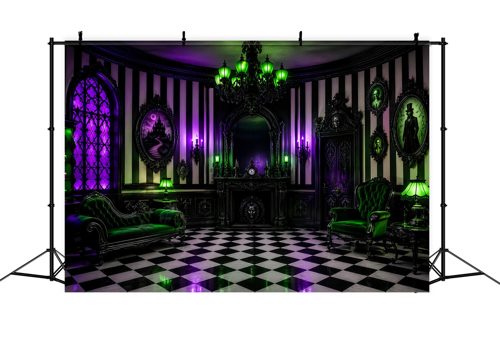 Halloween Haunted House Backdrop Purple Green Gothic Parlor Creepy Backdrop LXX67-245