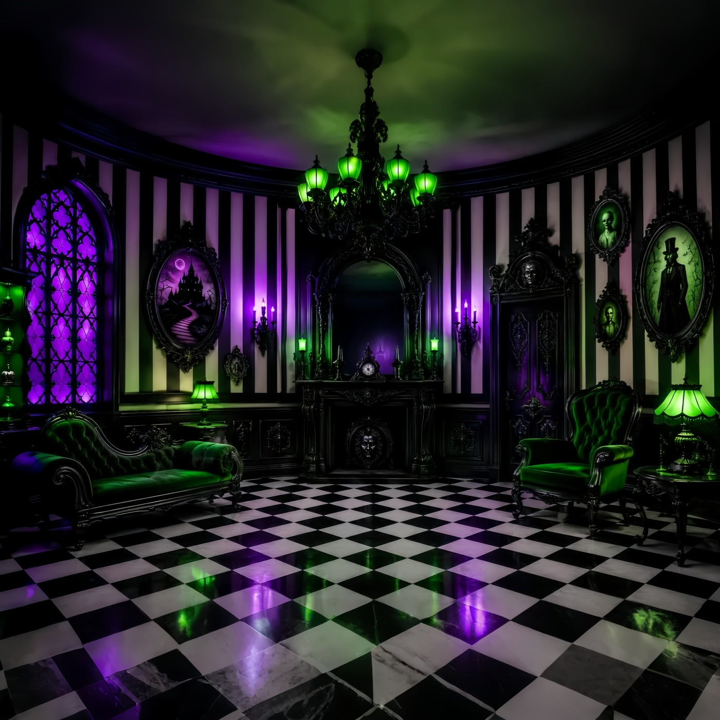 Halloween Haunted House Backdrop Purple Green Gothic Parlor Creepy Backdrop LXX67-245