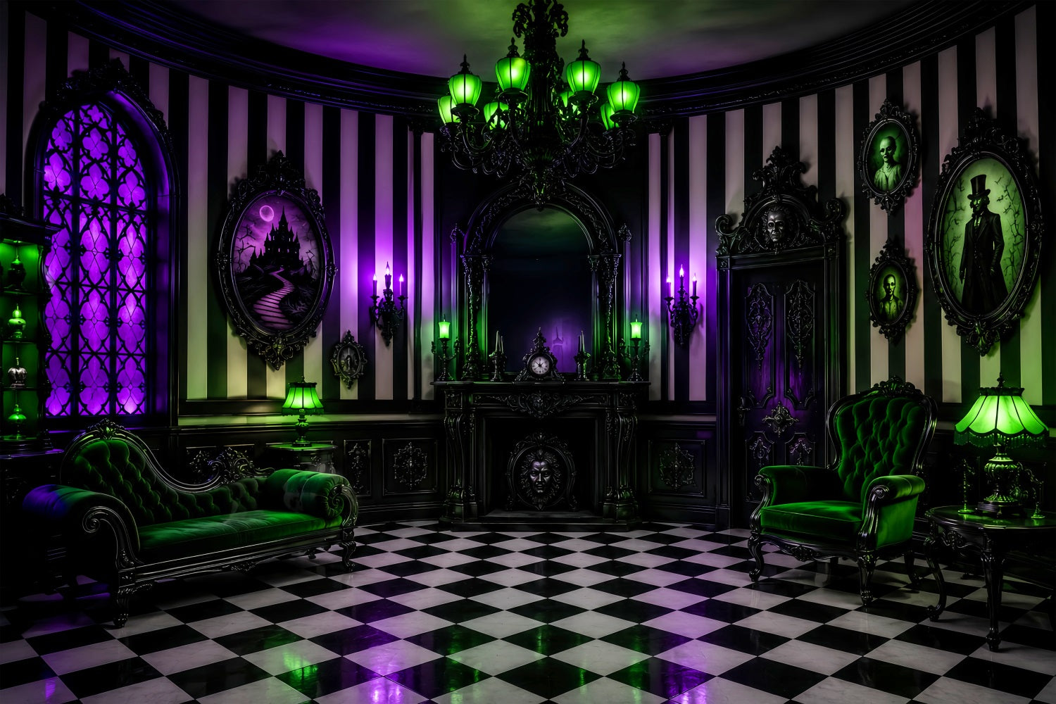 Halloween Haunted House Backdrop Purple Green Gothic Parlor Creepy Backdrop LXX67-245