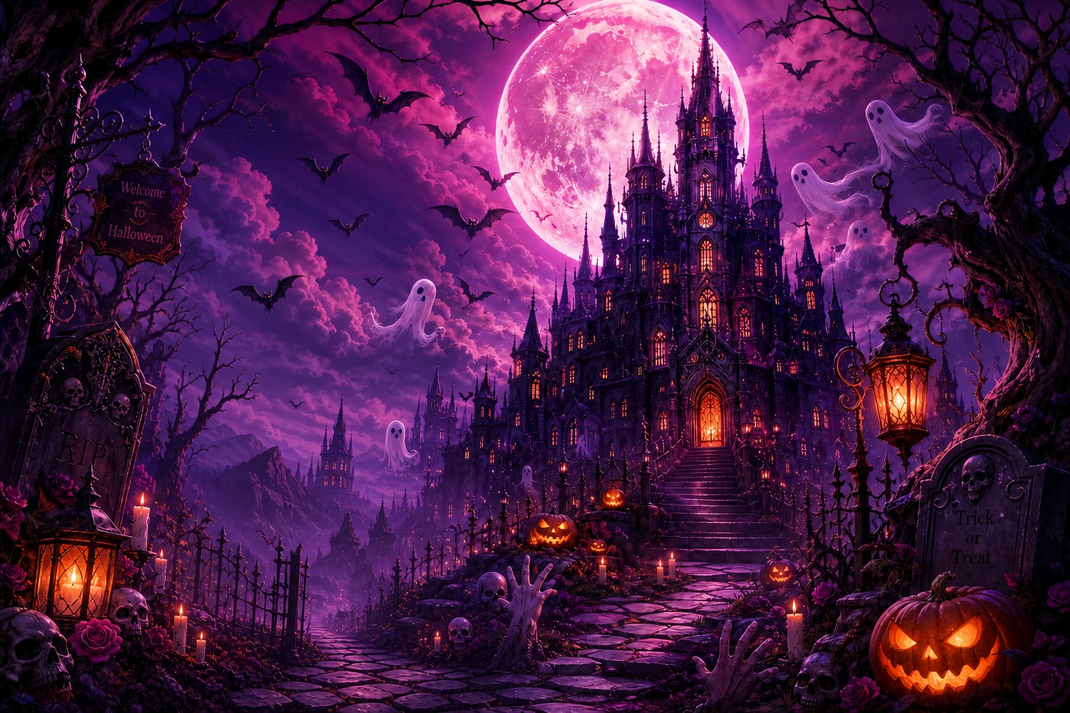 Graveyard Halloween Backdrops Purple Moon Ghost Castle Pink Halloween Backdrop LXX67-248