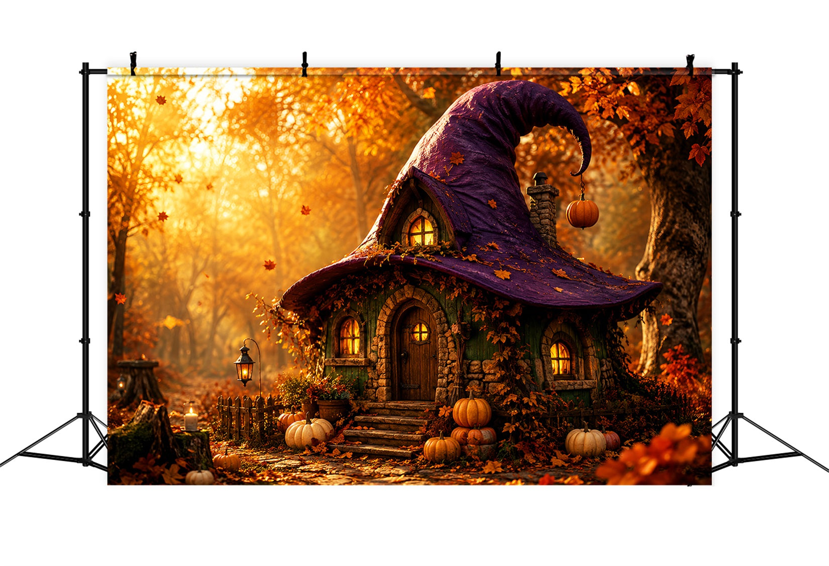 Witch House Backdrop Autumn Witch Hat Cottage Spooky Photo Backdrop LXX67-249