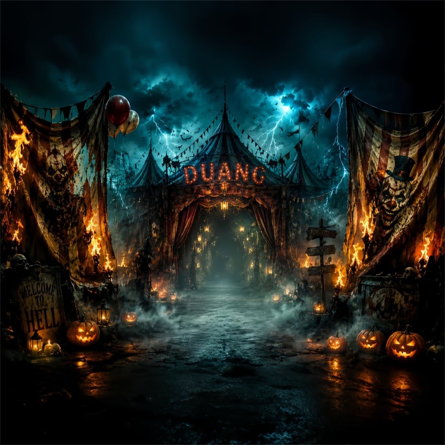 Halloween Spooky Backdrop Burning Haunted Circus Entrance Spooky Halloween Backdrops LXX67-25