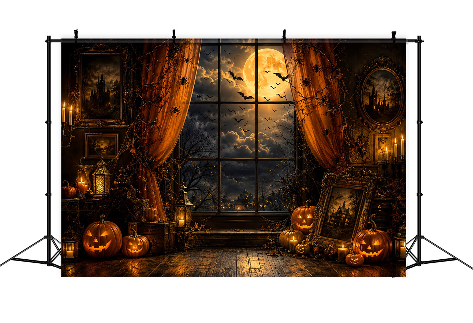 Halloween Window Backdrop Moonlit Pumpkin Portrait Chamber Cute Halloween Backdrop LXX67-250
