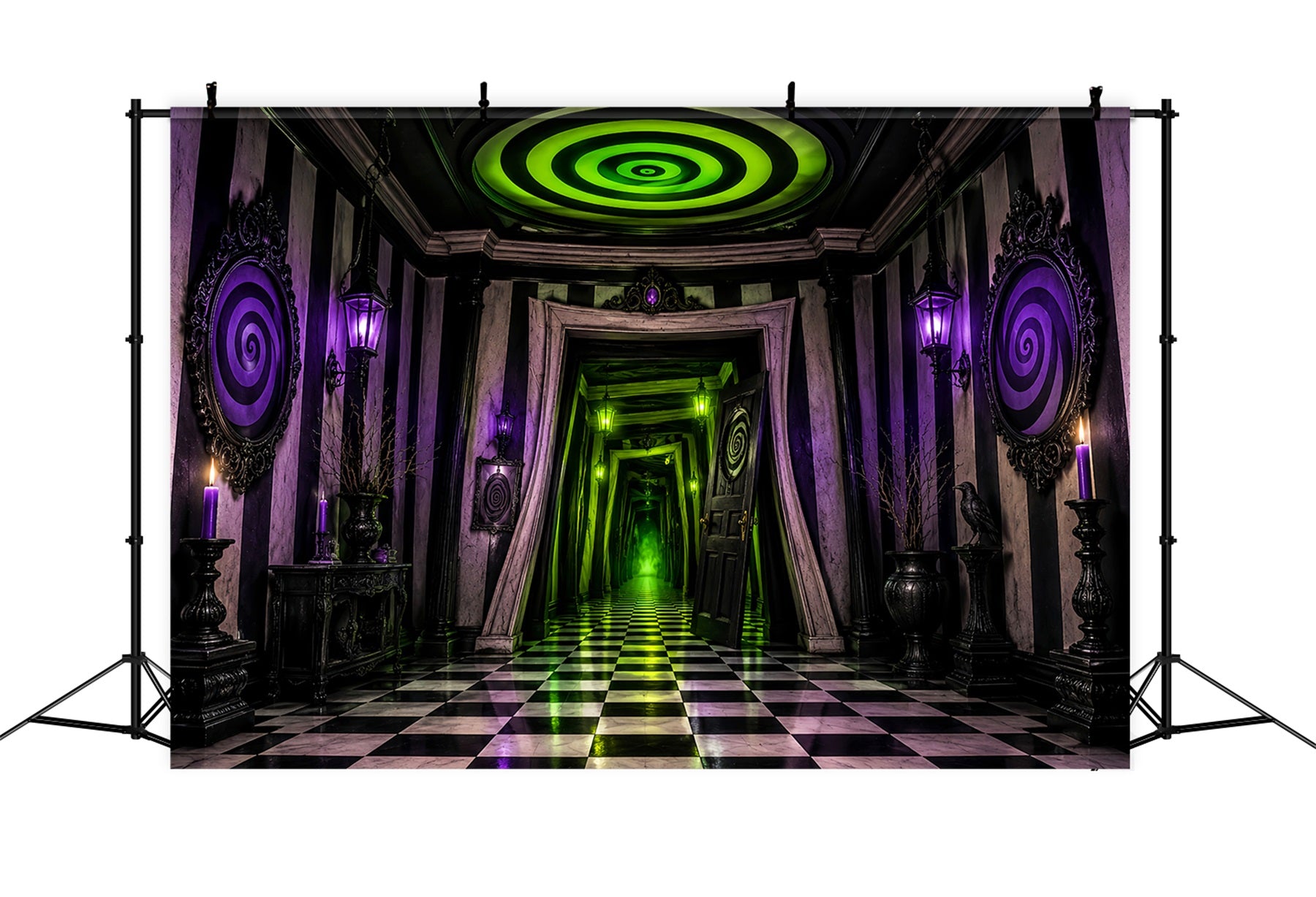 Spooky House Backdrop Neon Spiral Checkered Corridor Spooky Halloween Backdrops LXX67-252
