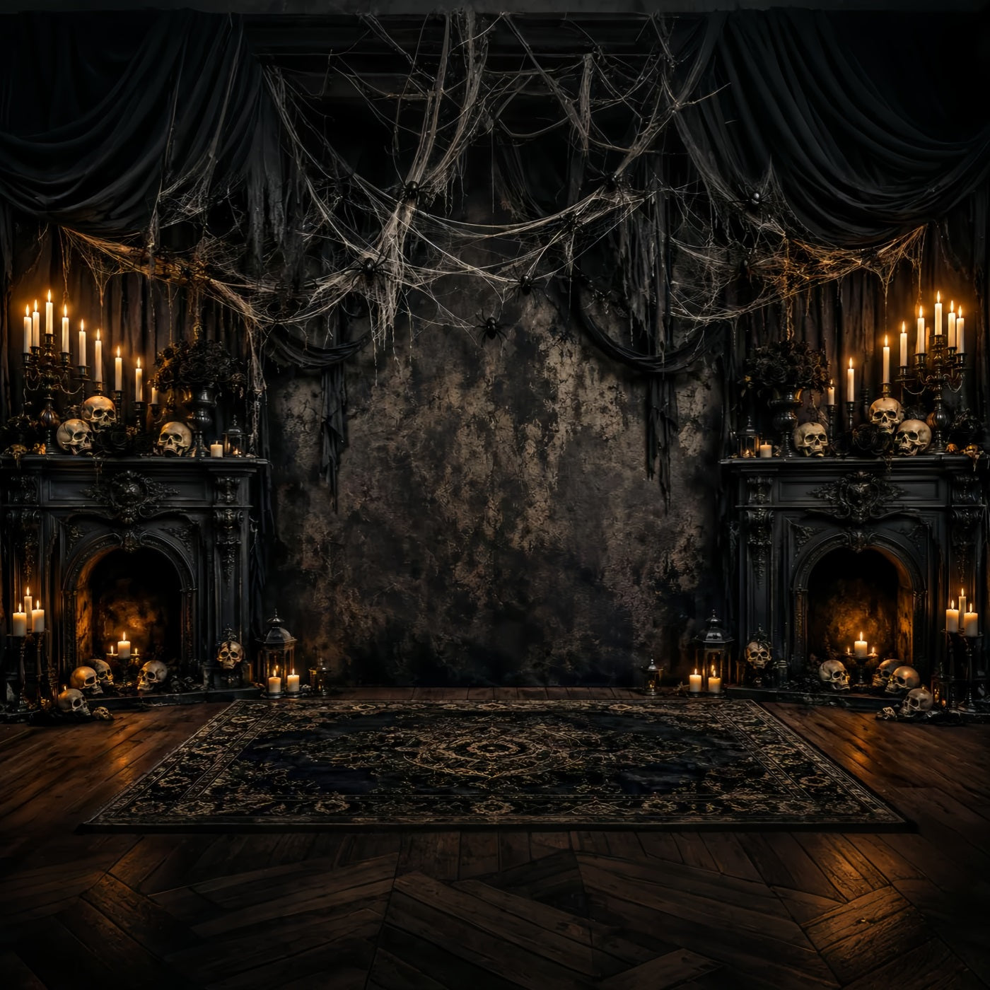 Spider Web Backdrop Candlelit Skull Fireplace Halloween Photoshoot Backdrop LXX67-255