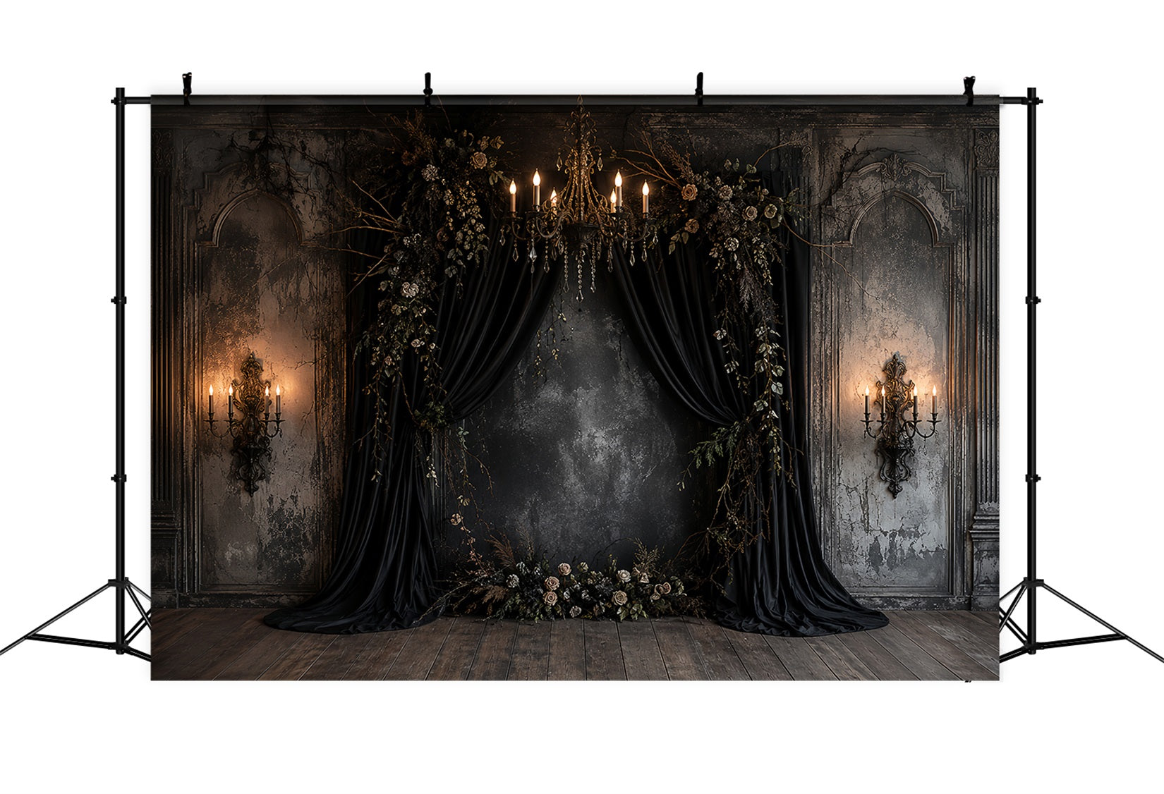 Pumpkin Backdrops Black Draped Floral Alcove Gothic Wedding Backdrop LXX67-257
