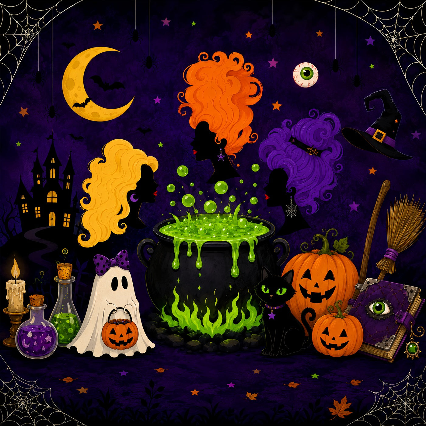 Halloween Moon Backdrop Cartoon Witch Cauldron Gathering Magic Backdrop LXX67-259