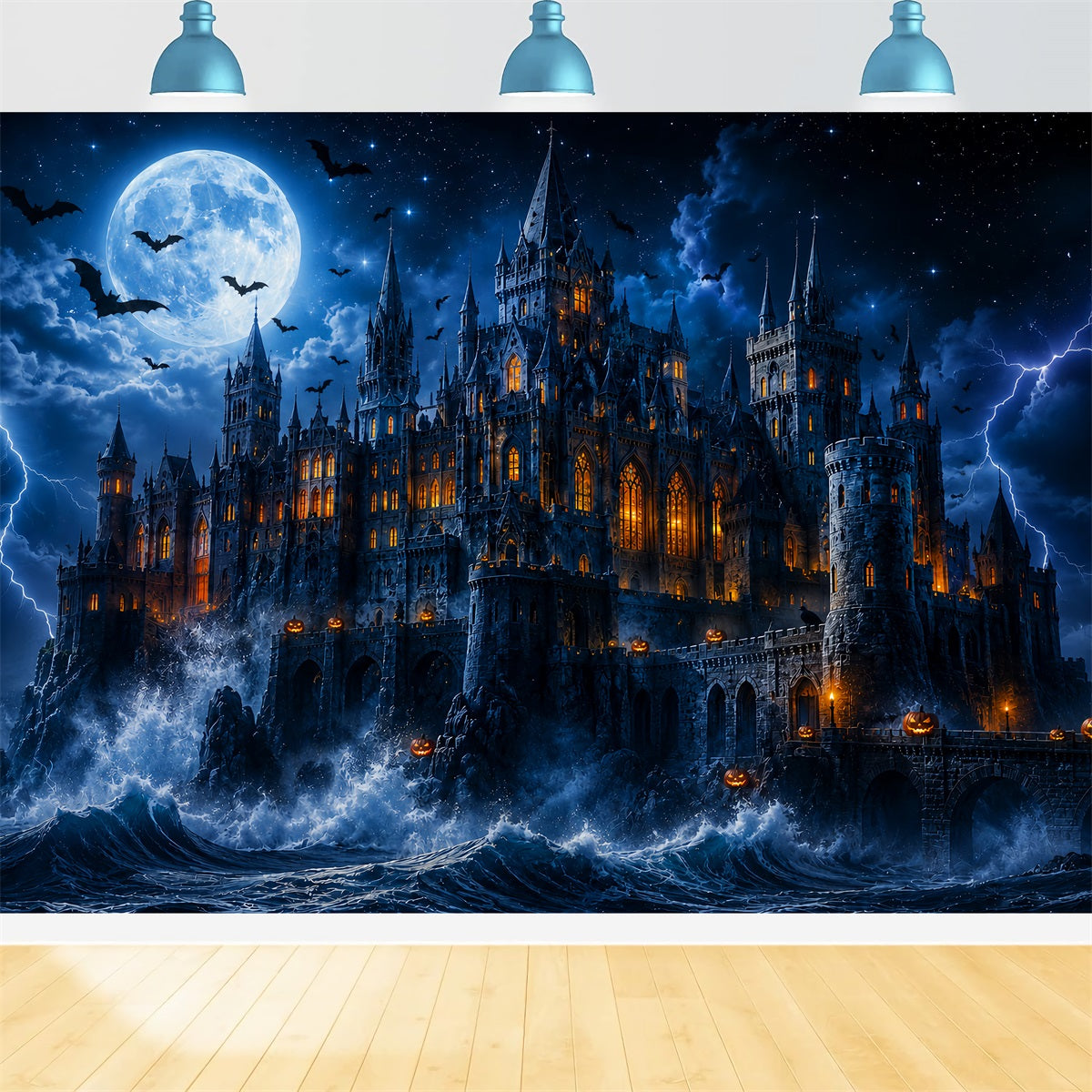 Halloween Castle Backdrop Stormy Moonlit Ocean Scary Backdrops For Halloween LXX67-260