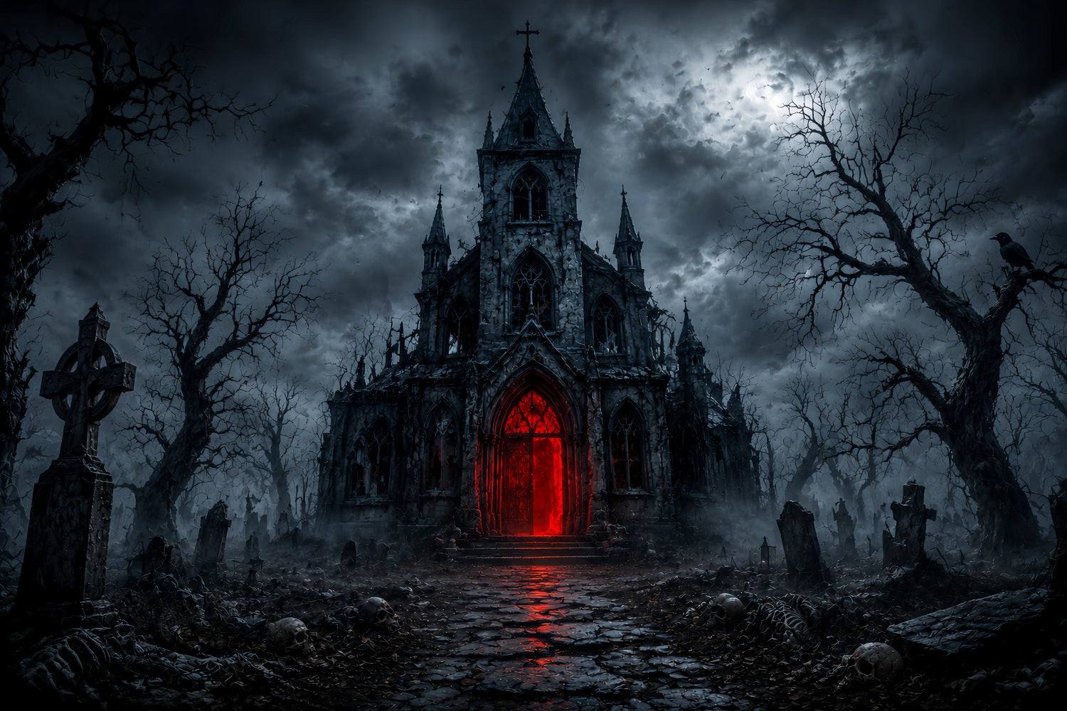 Halloween House Backdrop Gothic Church Red Portal Halloween Cemetery Backdrop LXX67-28
