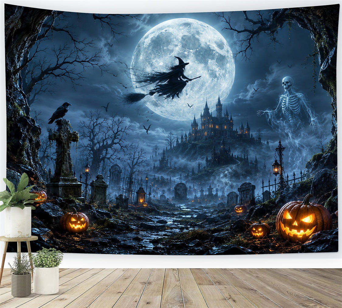 Scary Halloween Backdrop Ideas Moonlit Witch Skeleton Graveyard Halloween Photoshoot Backdrop LXX67-29