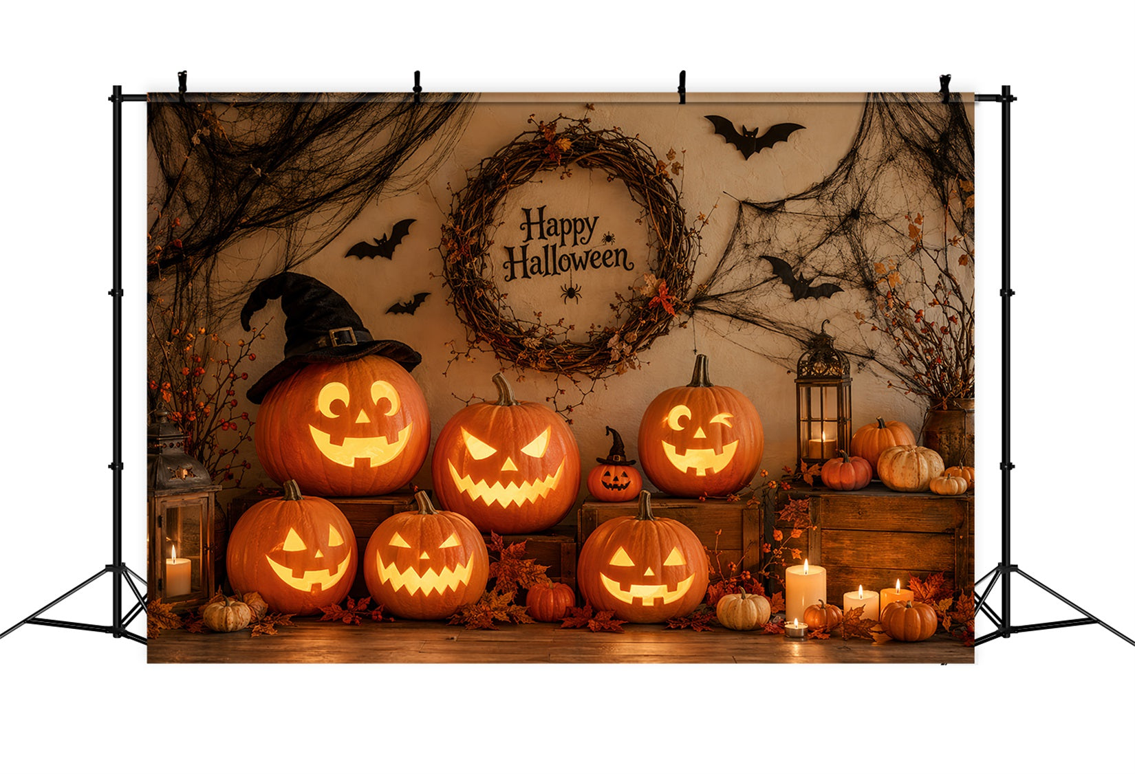 Fabric Halloween Backdrop Rustic Pumpkin Wreath Arrangement Halloween Backdrop For Pictures LXX67-31
