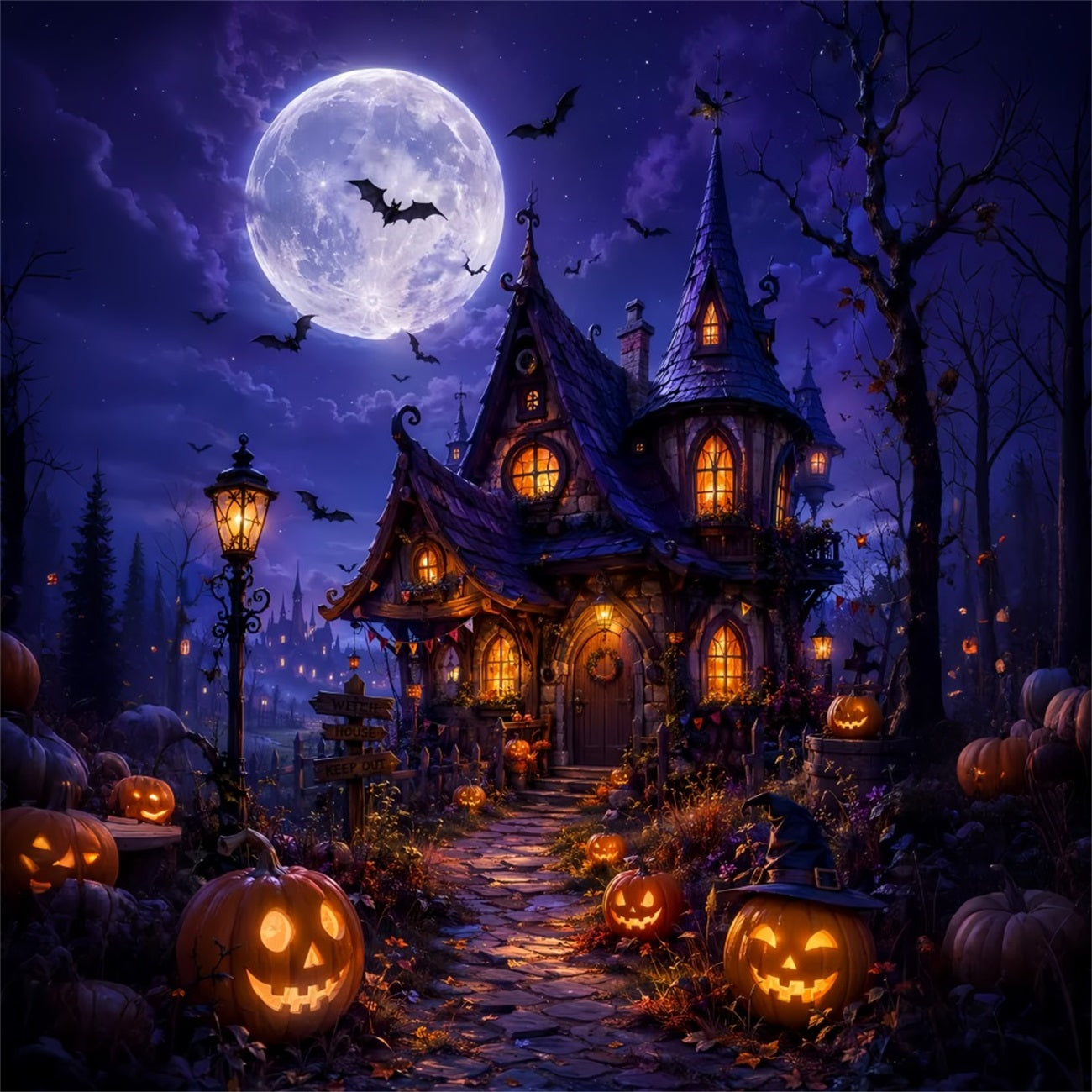 DIY Halloween Backdrop Ideas Moonlit Witch Cottage Pumpkins Scary Backdrops For Halloween LXX67-33