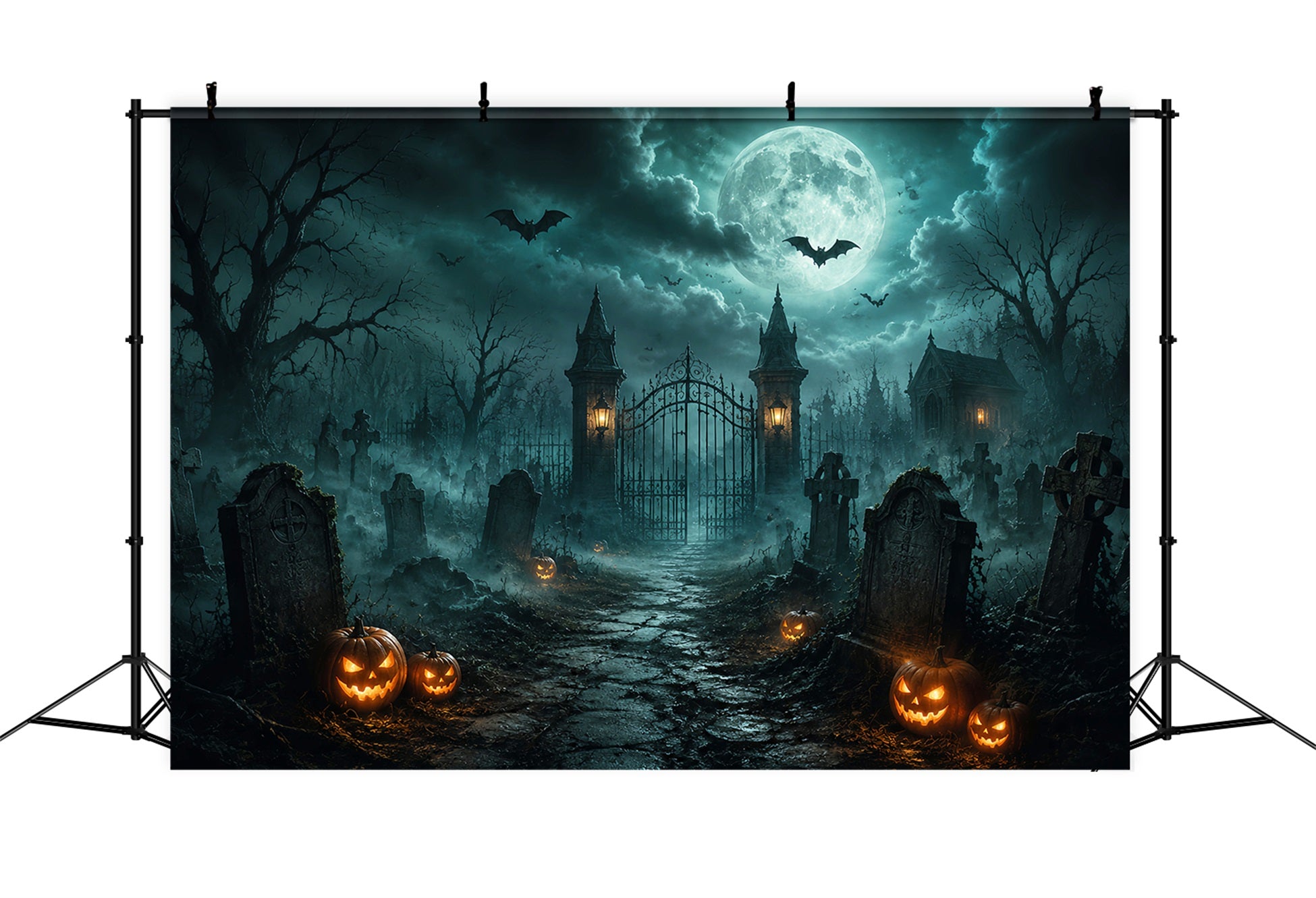 Halloween Forest Backdrop Foggy Cemetery Gate Pumpkins Vintage Halloween Backdrop LXX67-34