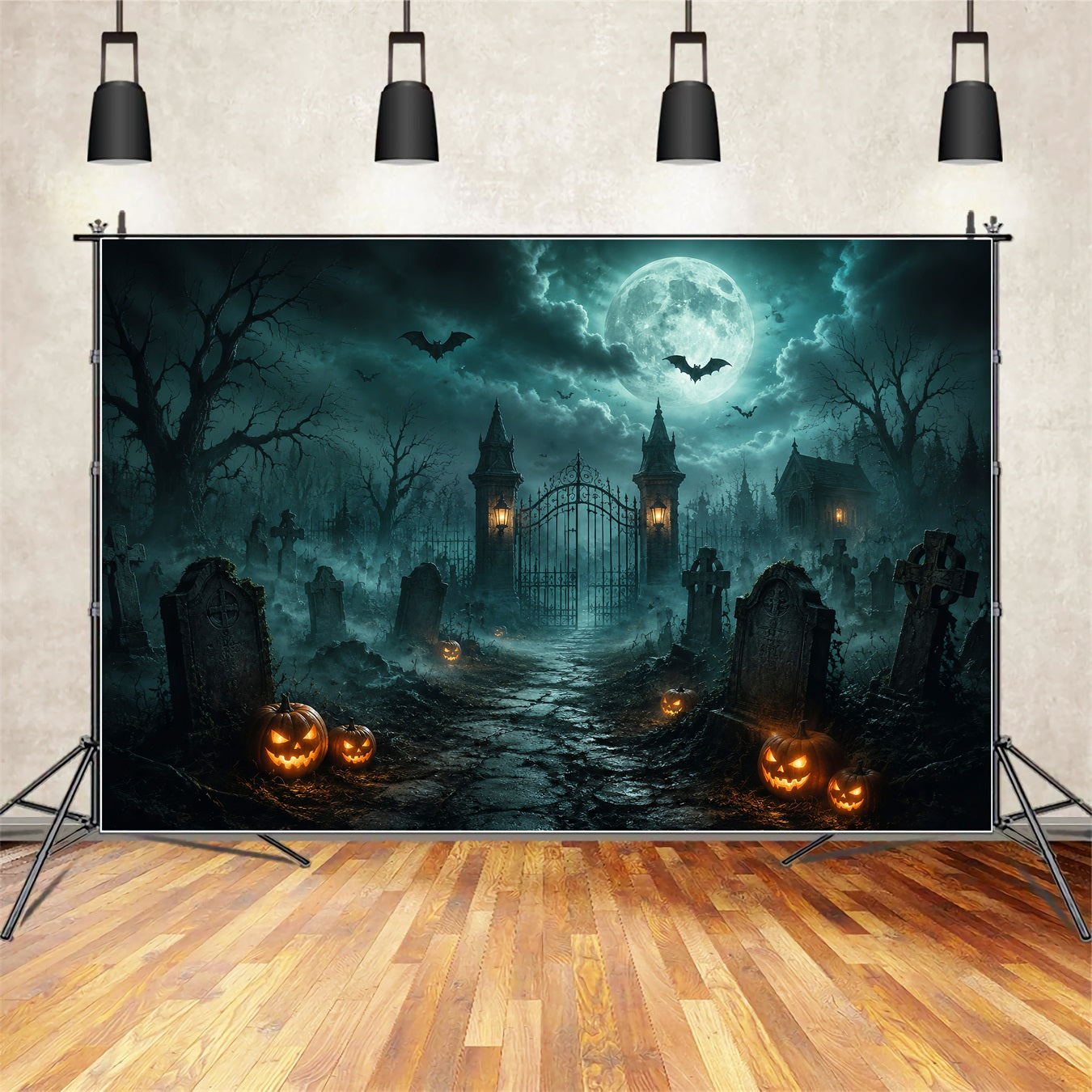 Halloween Forest Backdrop Foggy Cemetery Gate Pumpkins Vintage Halloween Backdrop LXX67-34