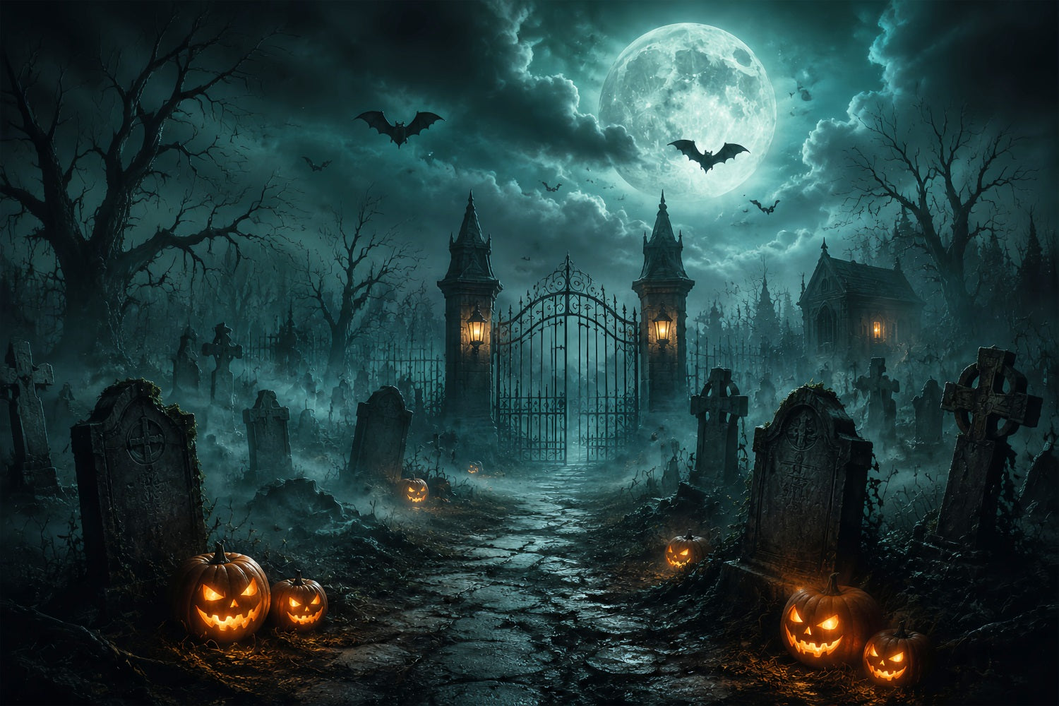 Halloween Forest Backdrop Foggy Cemetery Gate Pumpkins Vintage Halloween Backdrop LXX67-34