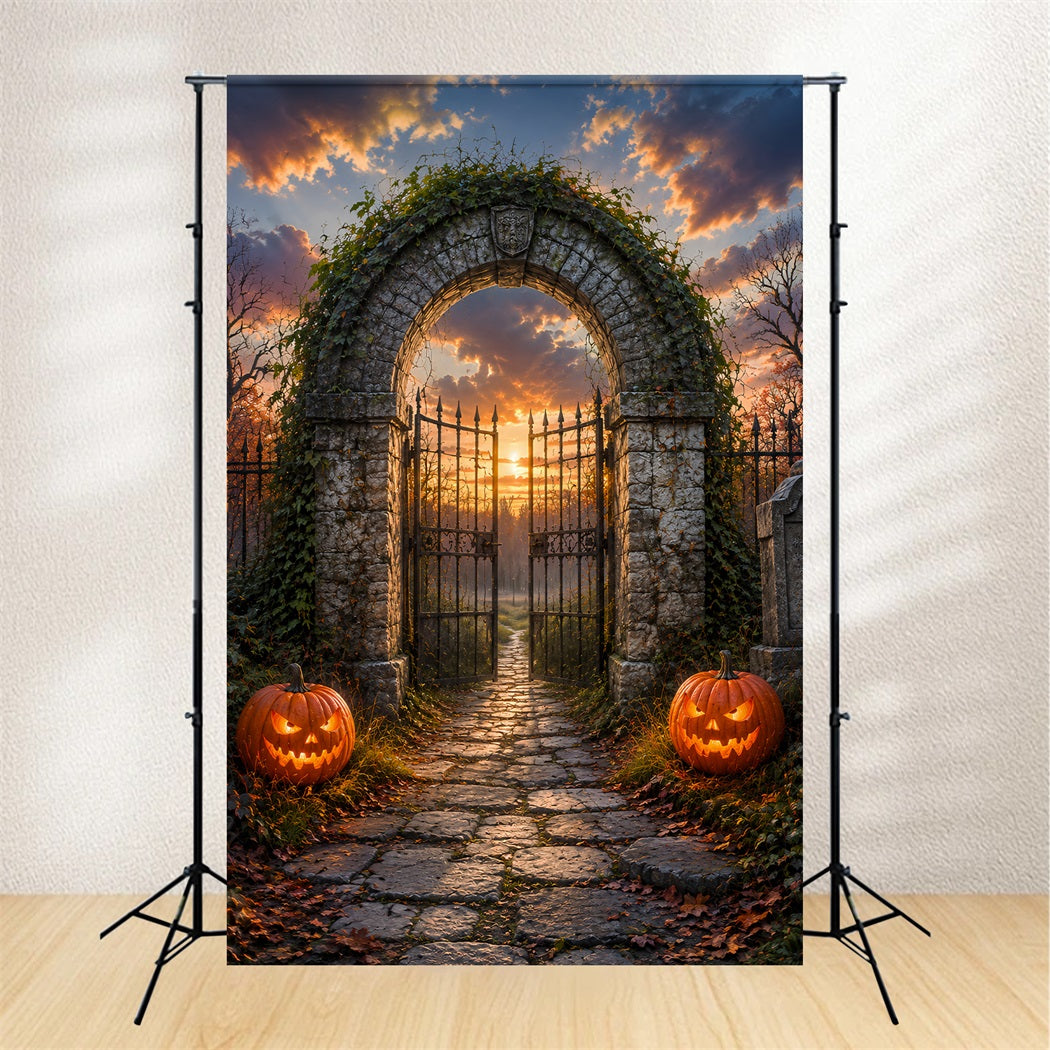 Halloween Arch Backdrop Sunset Cemetery Arch Pumpkins Large Halloween Backdrops LXX67-35